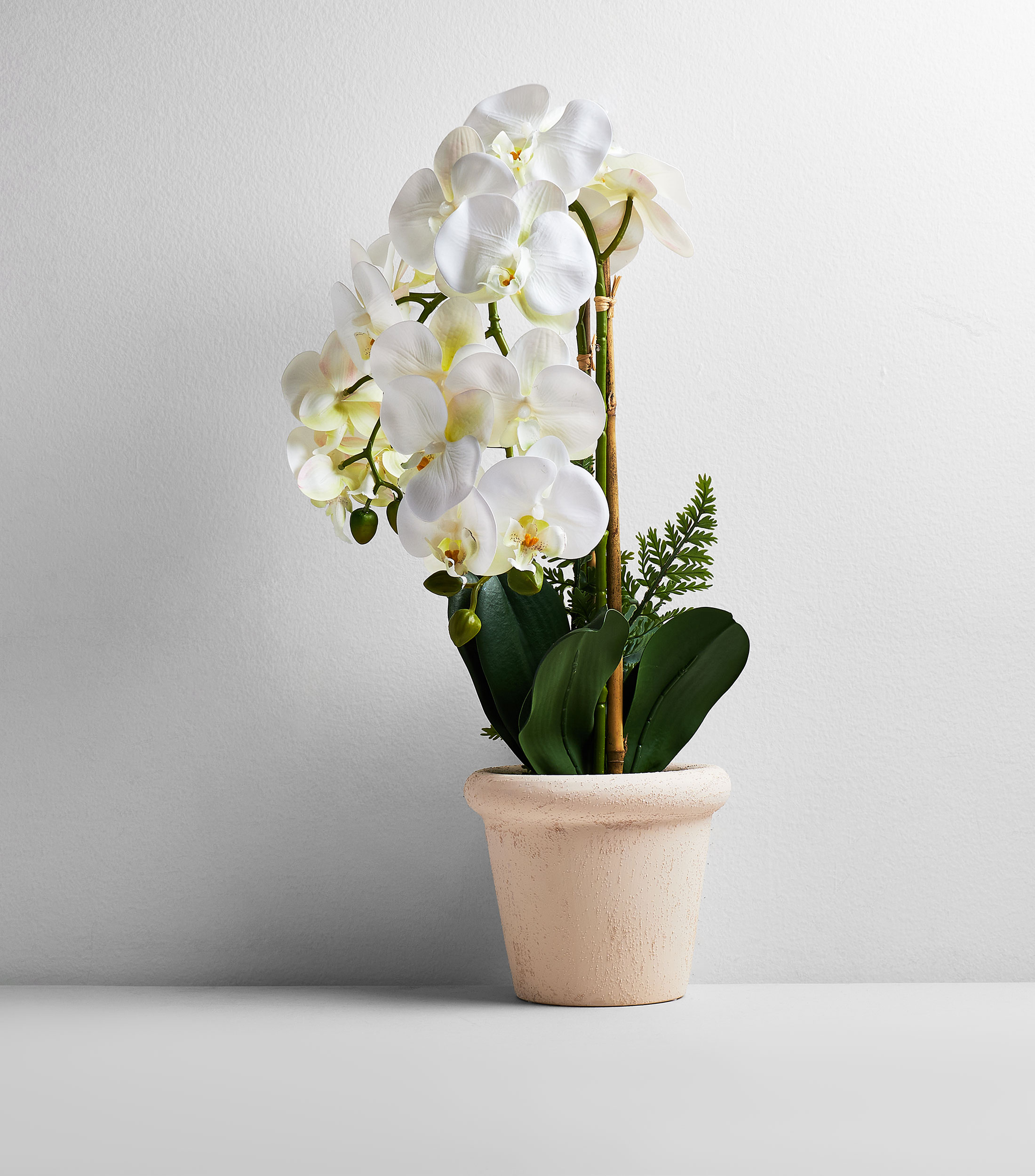 Orquídea blanca decorativa en maceta, artificial