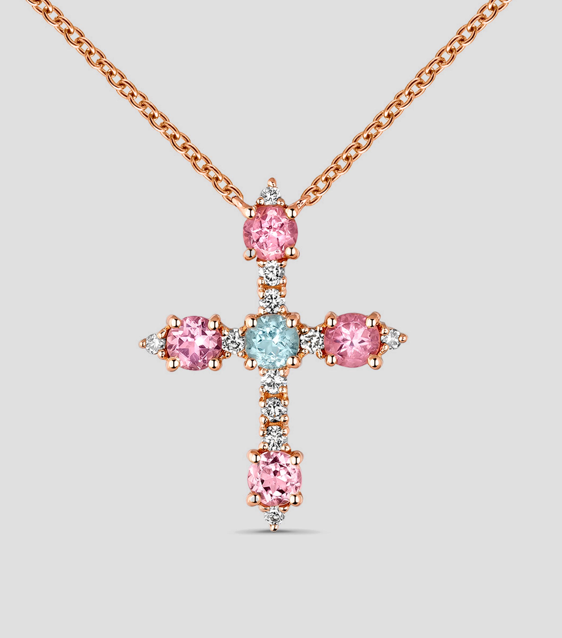 Colgante cadena cruz de oro rosa de 18K con turmalina y diamante
