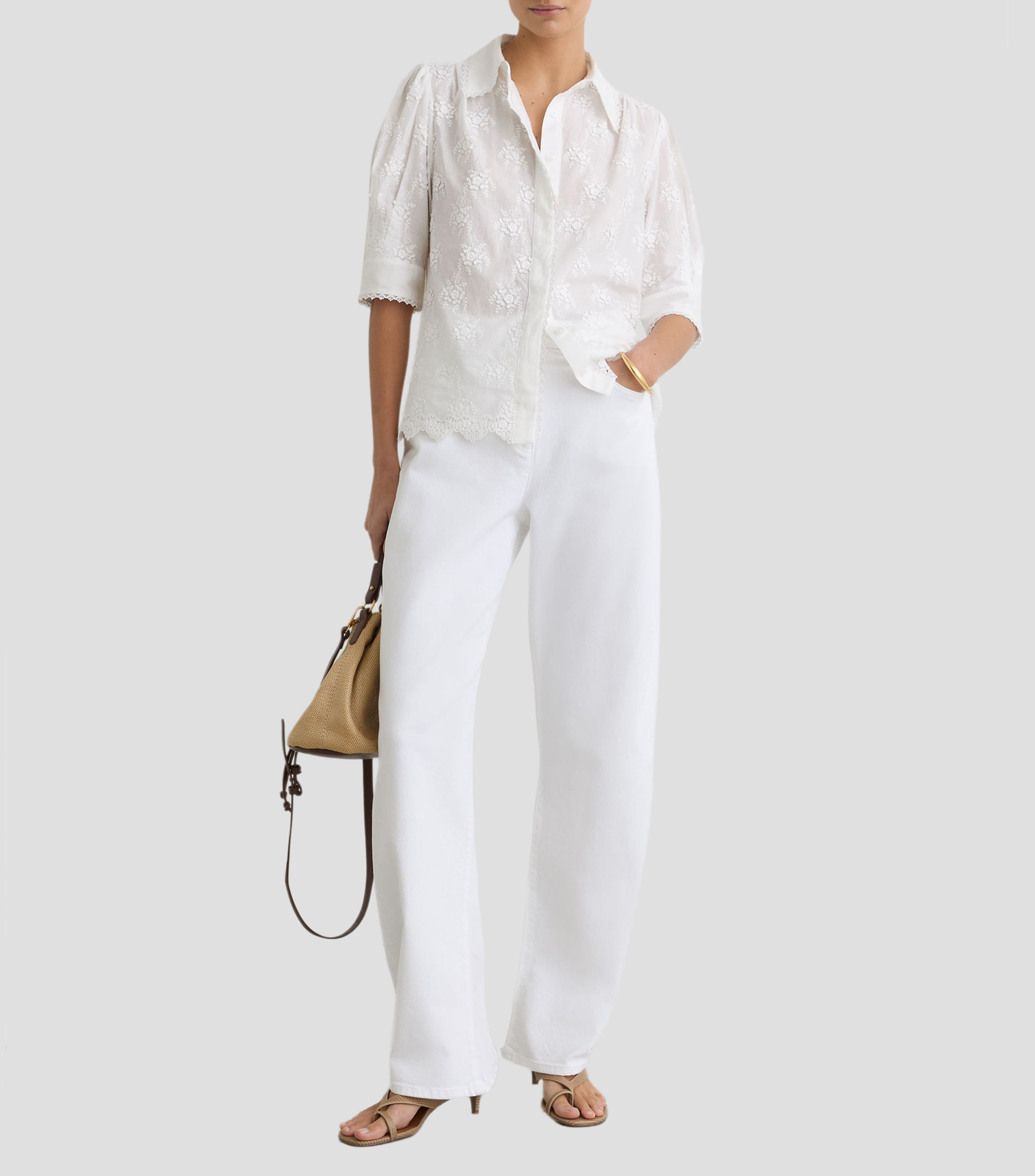 Blusa lisa con bordado manga corta Mujer