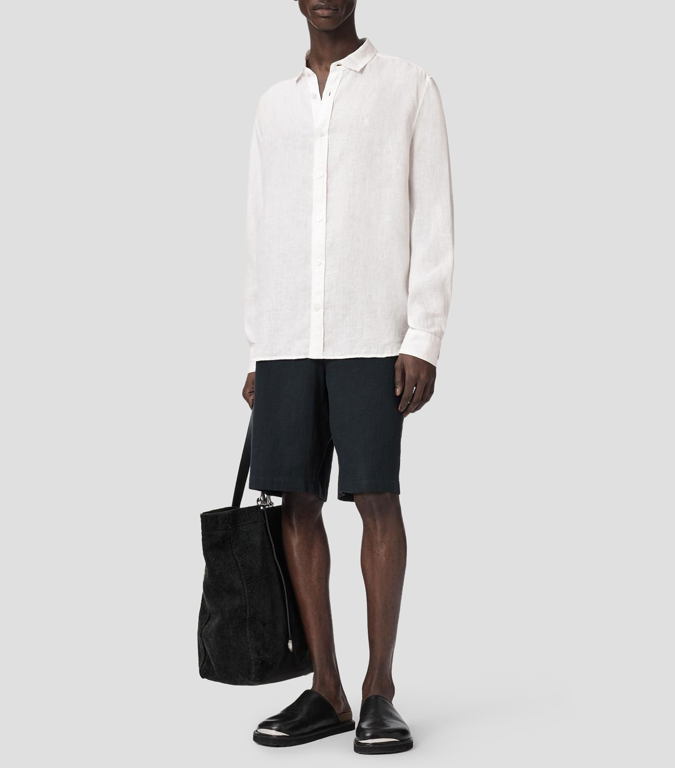 Camisa lisa de lino con manga larga Hombre