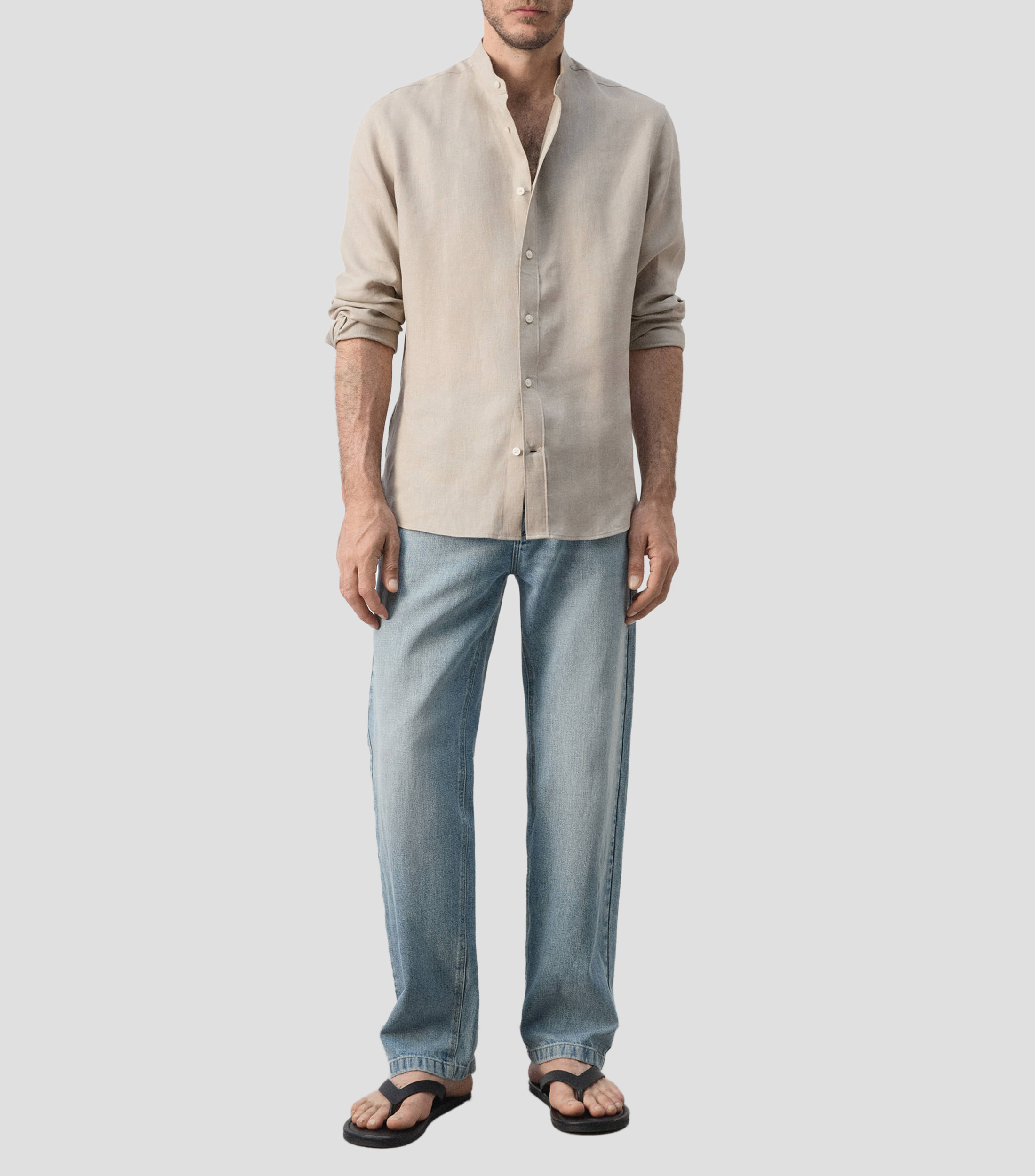 Camisa lisa de lino cuello mao manga larga Hombre