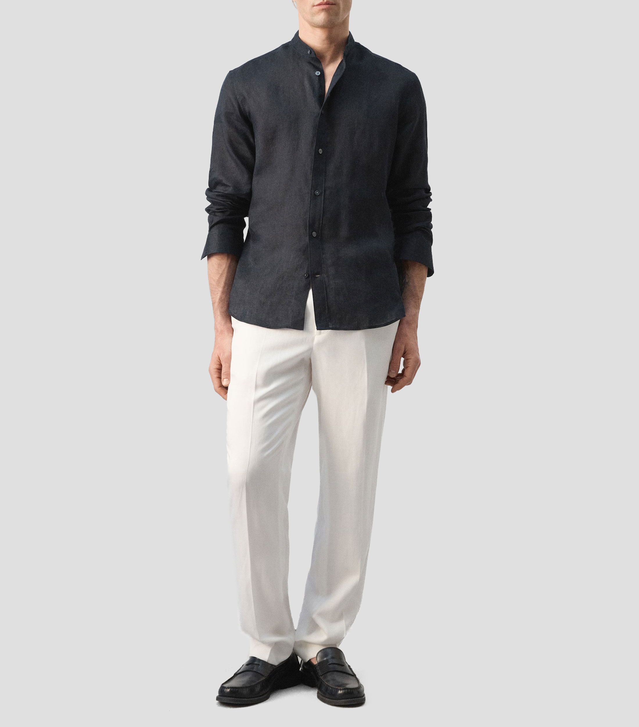Camisa lisa cuello mao manga larga Hombre