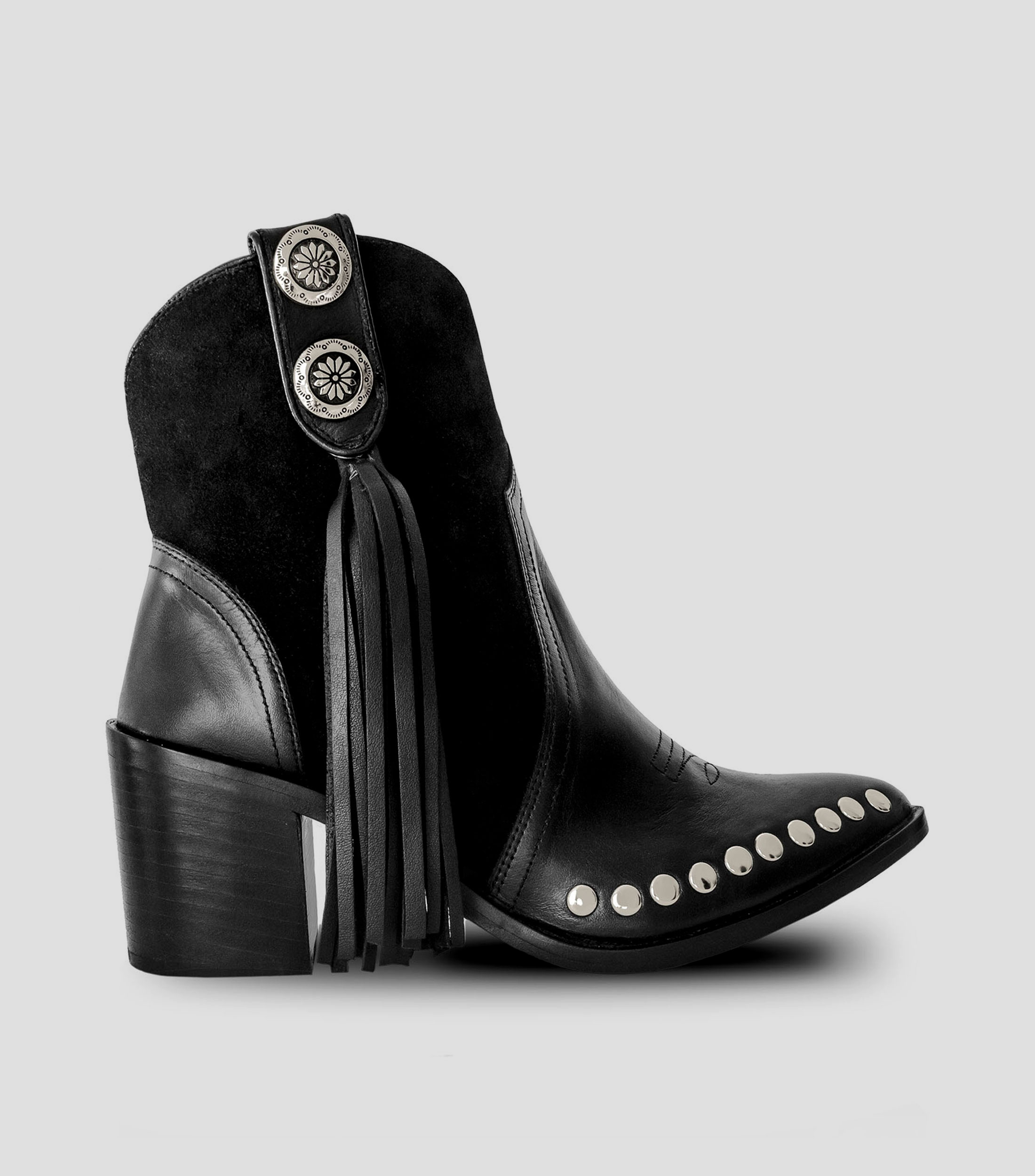 Botines vaqueros en piel con tacón medio ancho Mujer