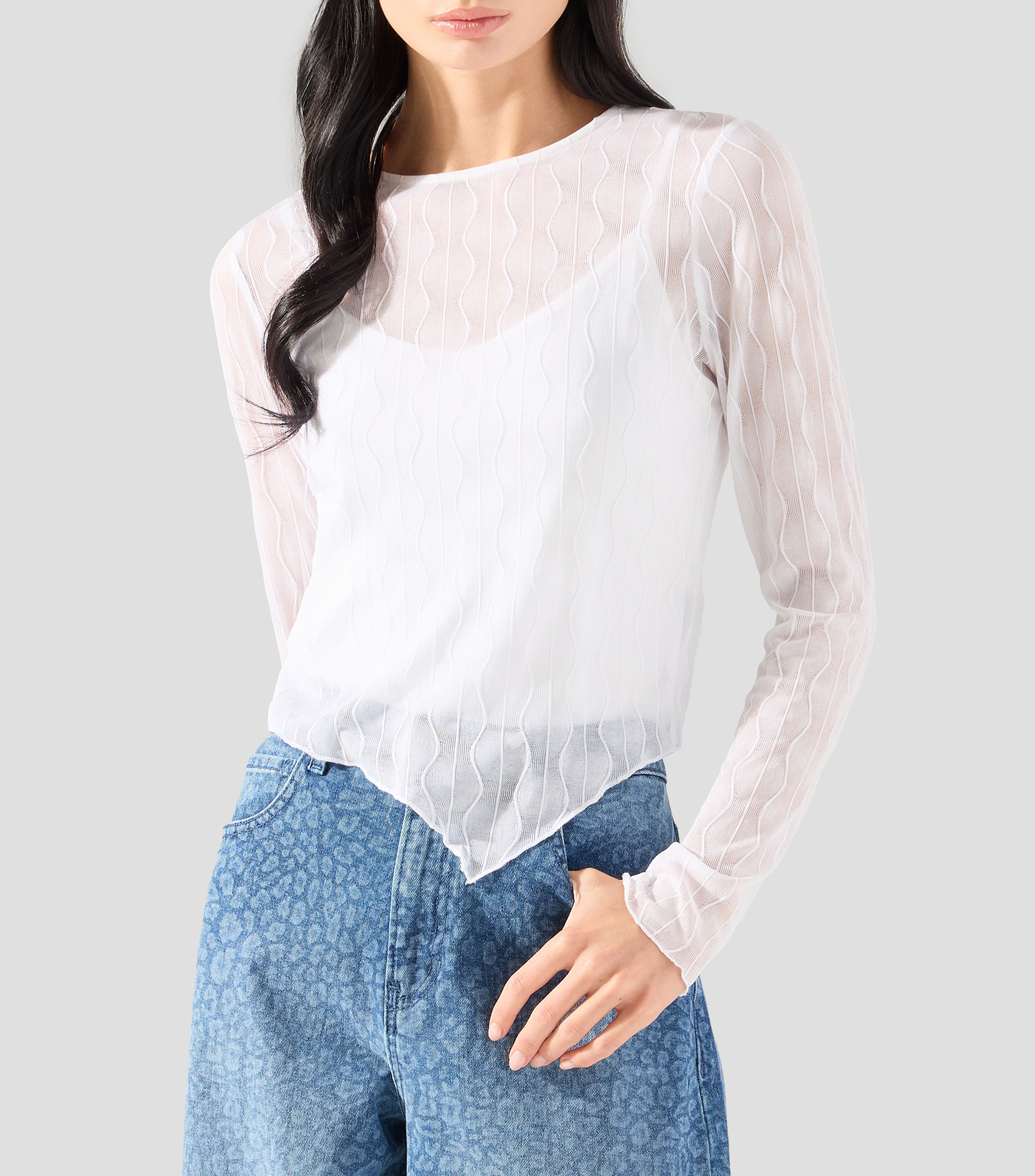 Playera de cuello redondo con manga larga lisa Mujer