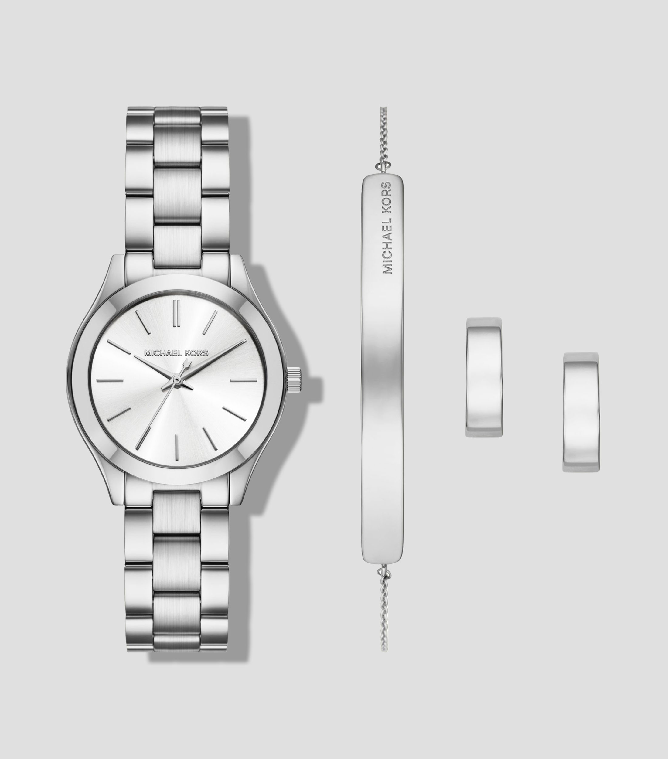 Set Reloj, Brazalete y Aretes Plateados para Mujer