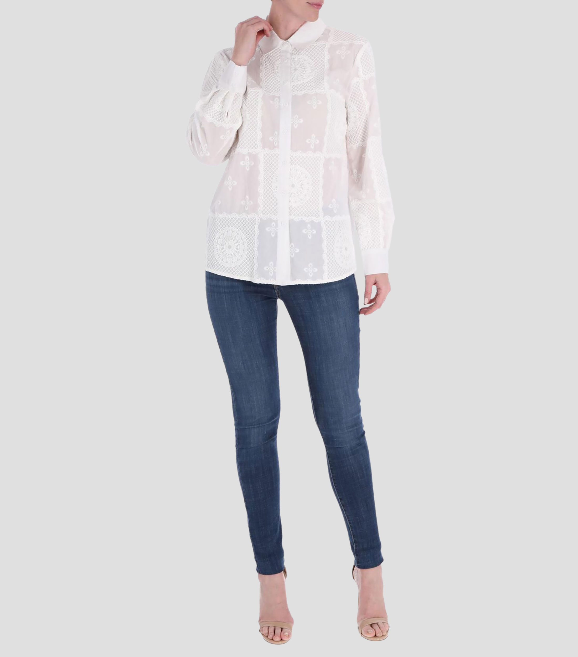 Blusa lisa con bordado manga larga Mujer