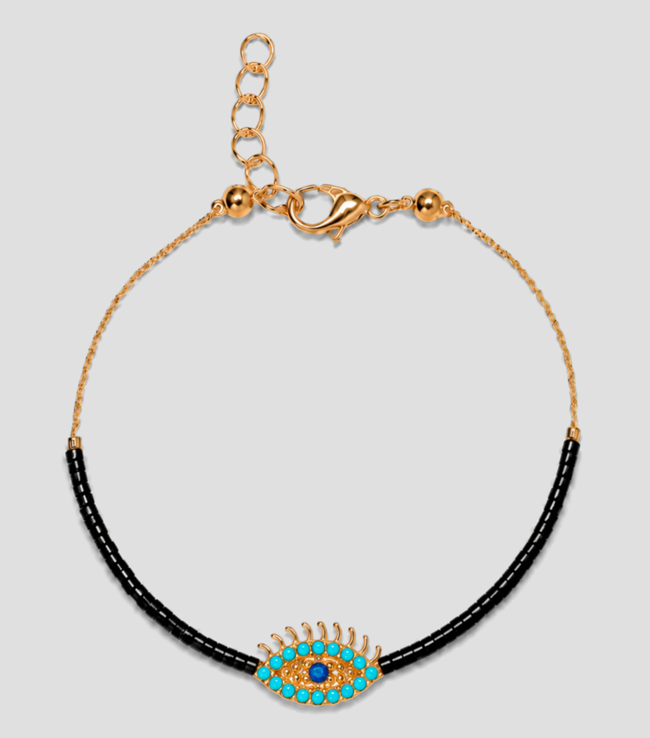Pulsera negra con dije de ojo turco calado y pestañas Mujer