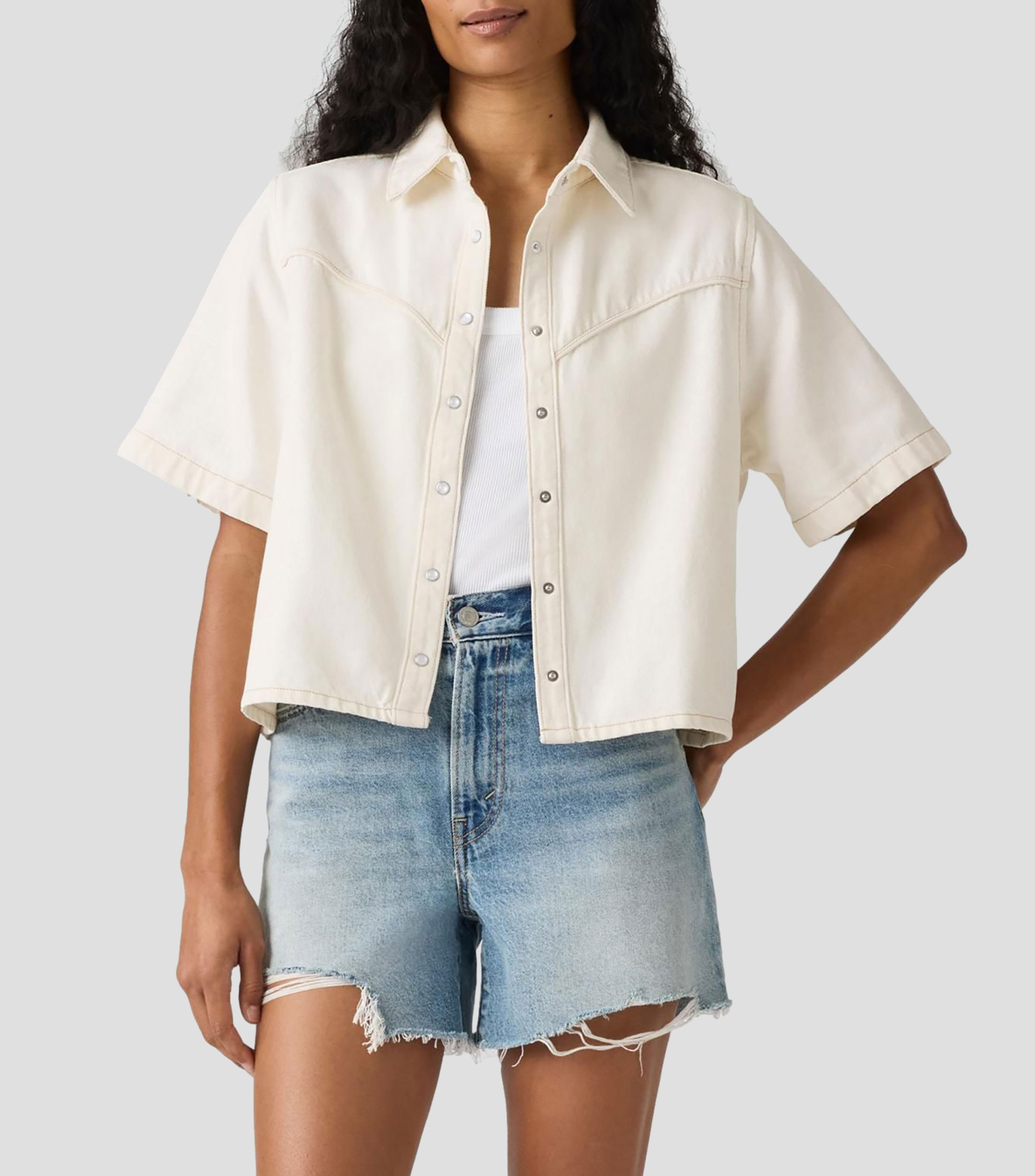 Camisa de mezclilla lisa con manga corta Mujer