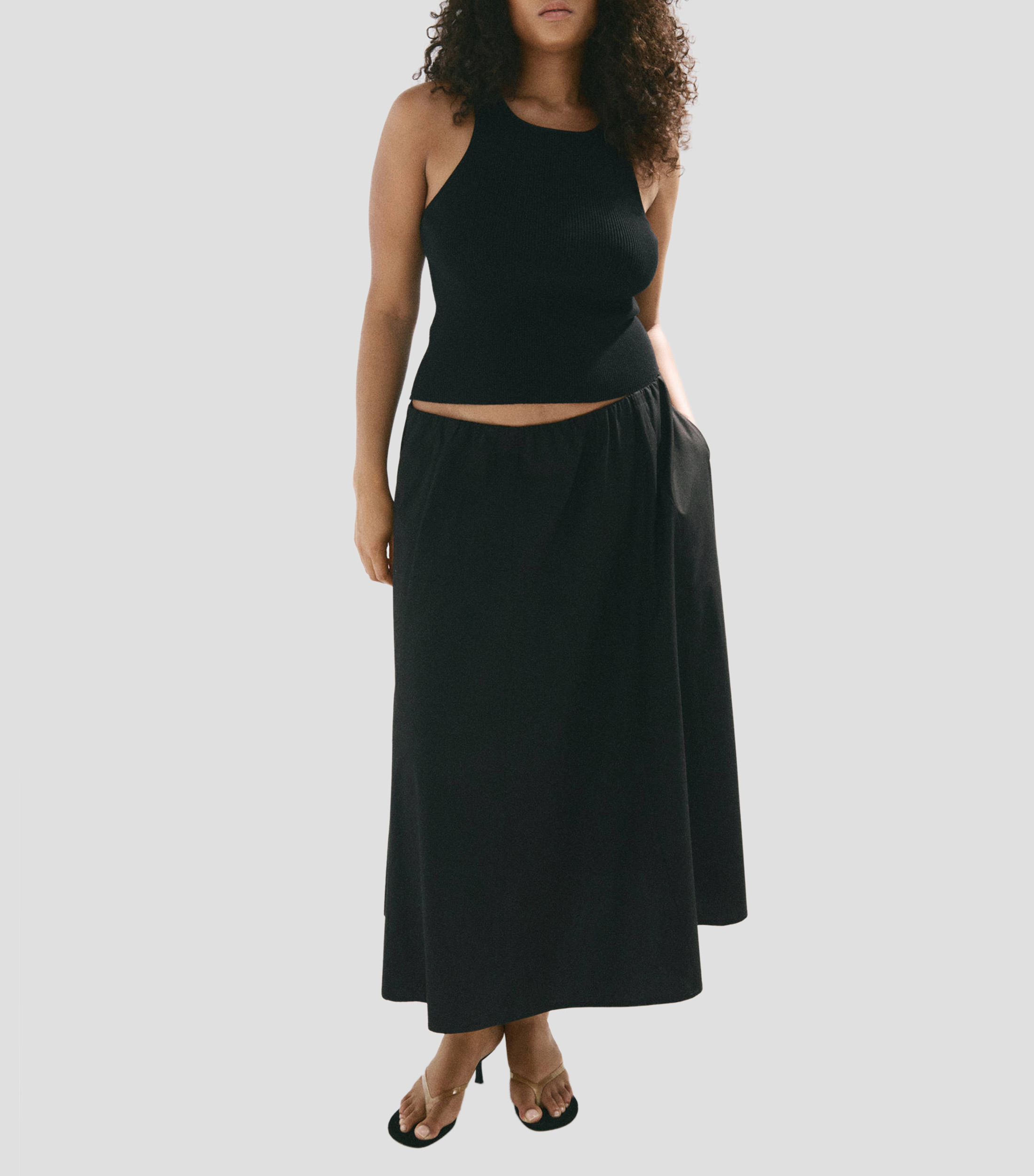 Falda midi de corte evasé lisa Mujer