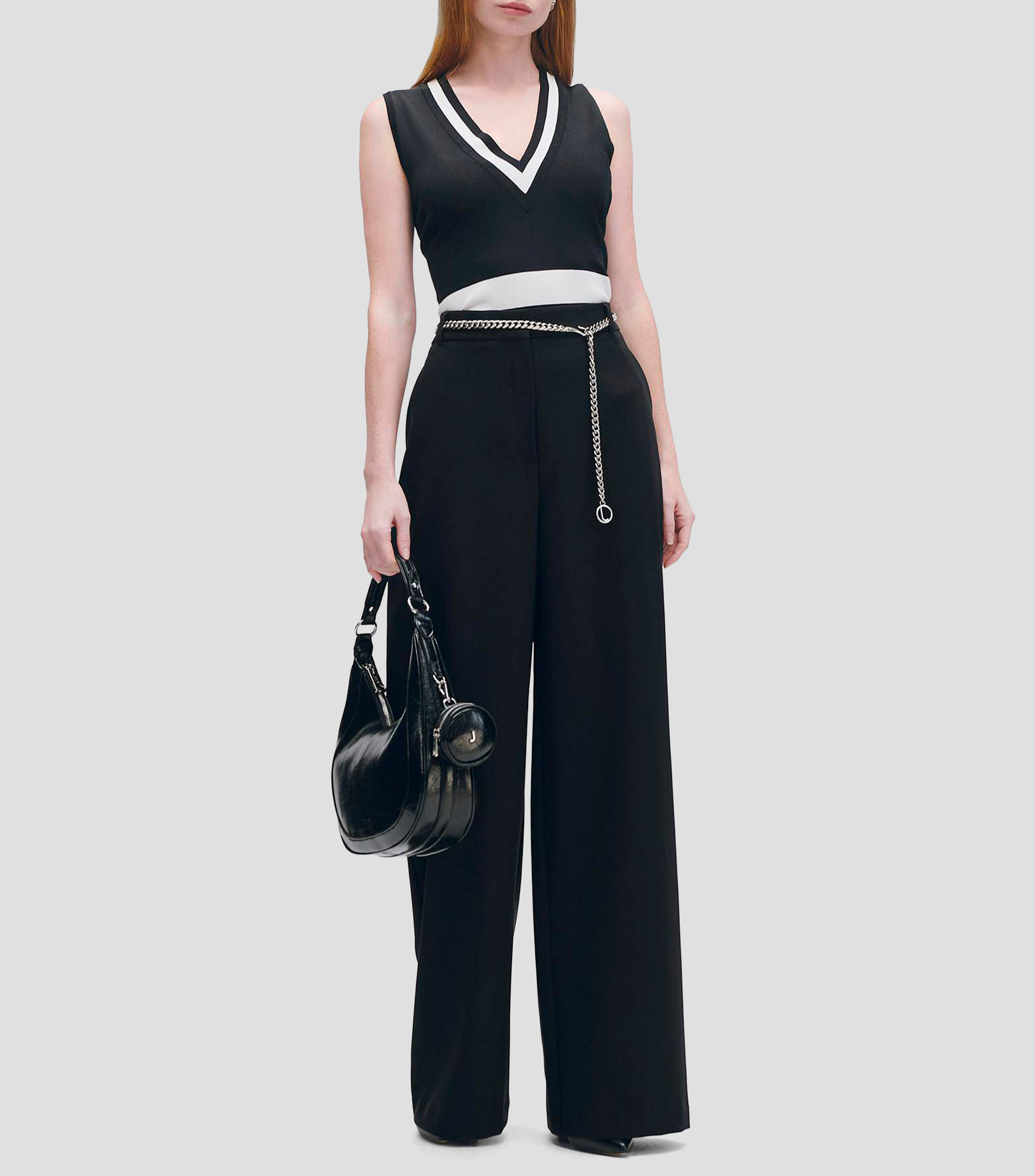 Pantalón Palazzo Tiro Alto Con Stretch Y Cadena Mujer