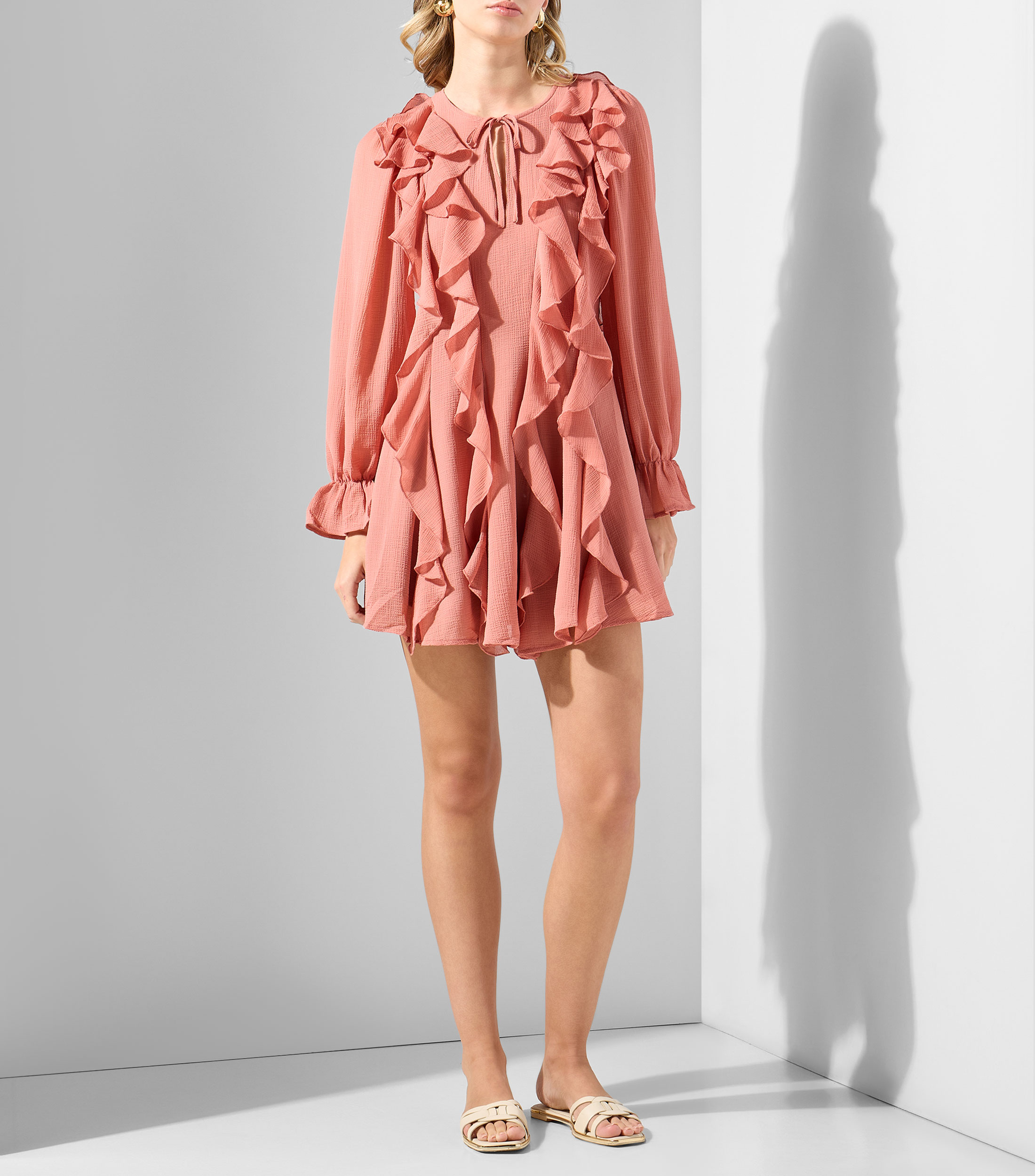 Vestido corto manga larga liso Mujer