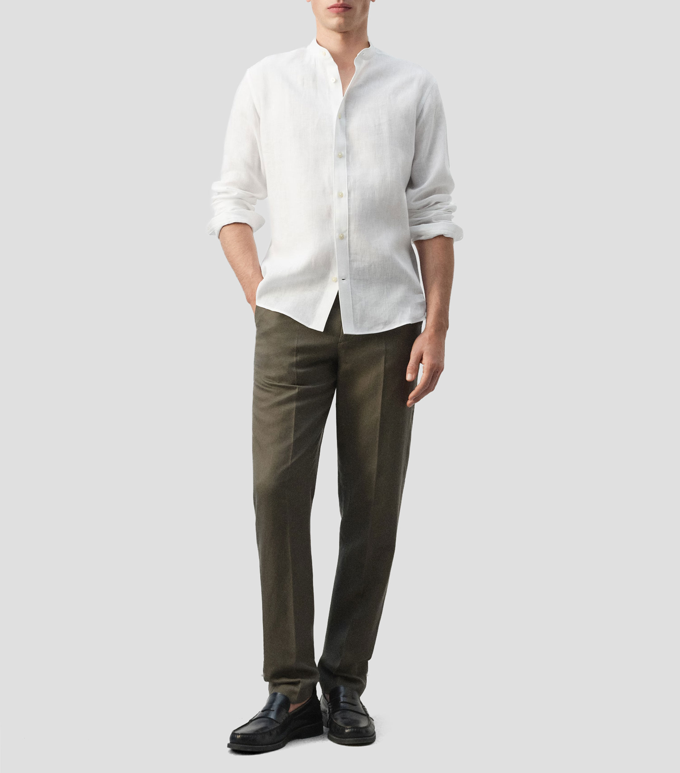 Camisa lisa cuello mao manga larga Hombre