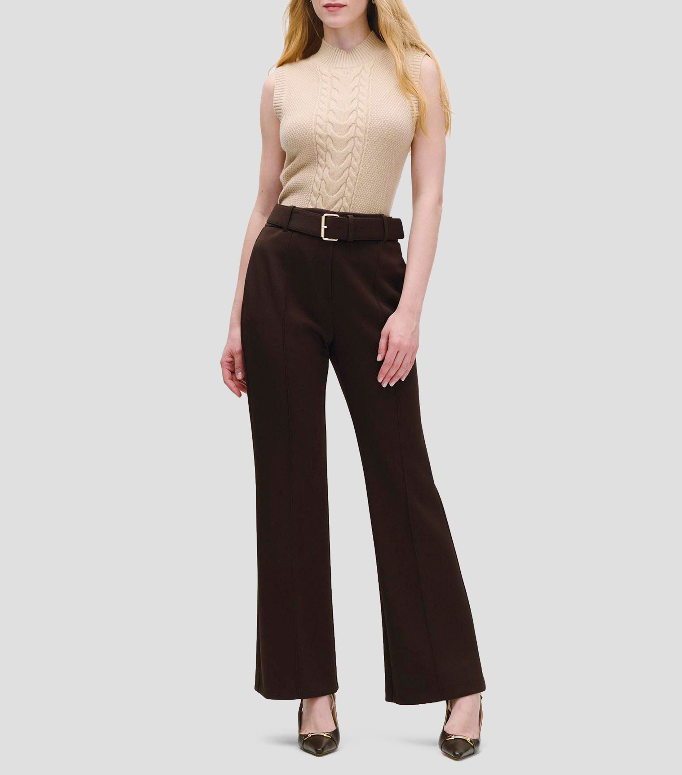 Chaleco Tejido Panal Combinado Beige Cuello Perkins Mujer