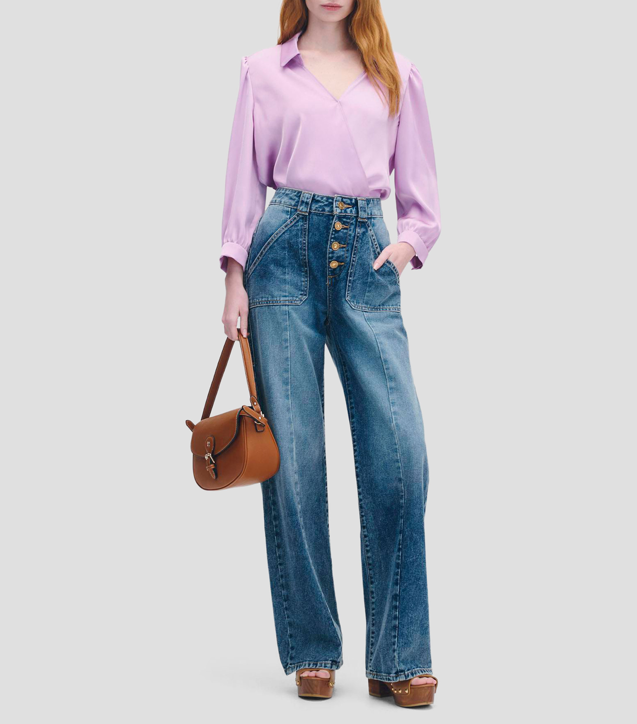 Blusa de Satín Envolvente Lavanda Manga 3/4 Mujer