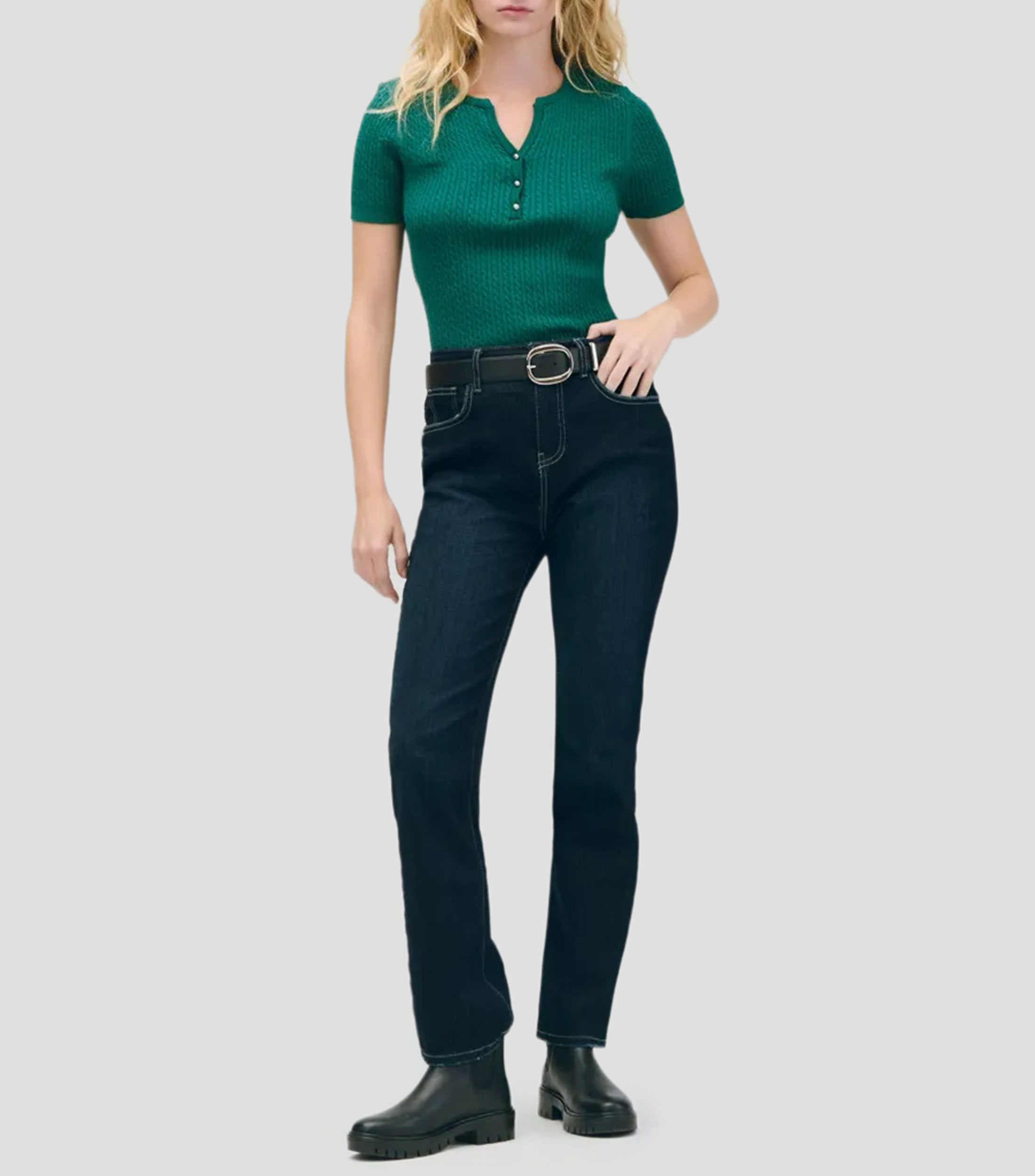 Blusa tejido de cable verde esmeralda cuello redondo con abertura Mujer