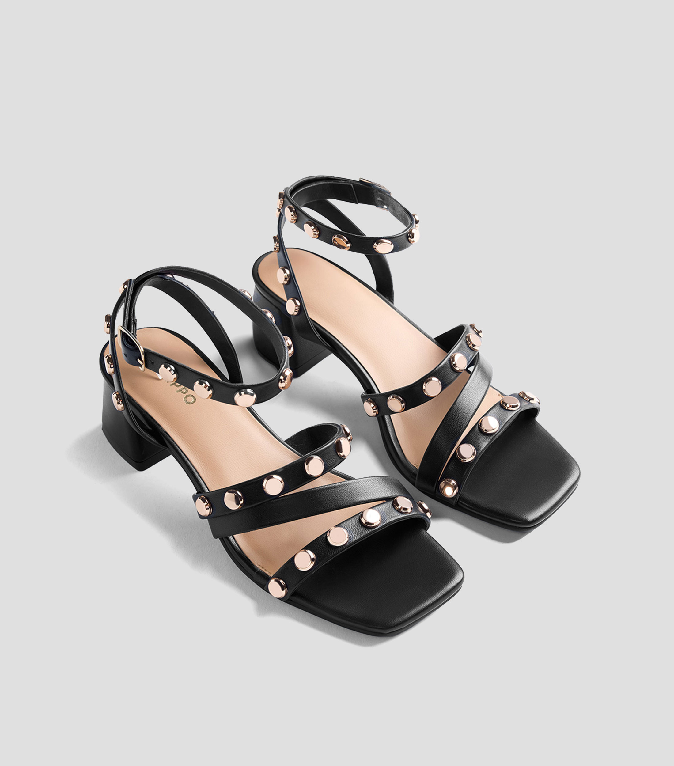 Sandalias de tacón bajo ancho en piel Mujer