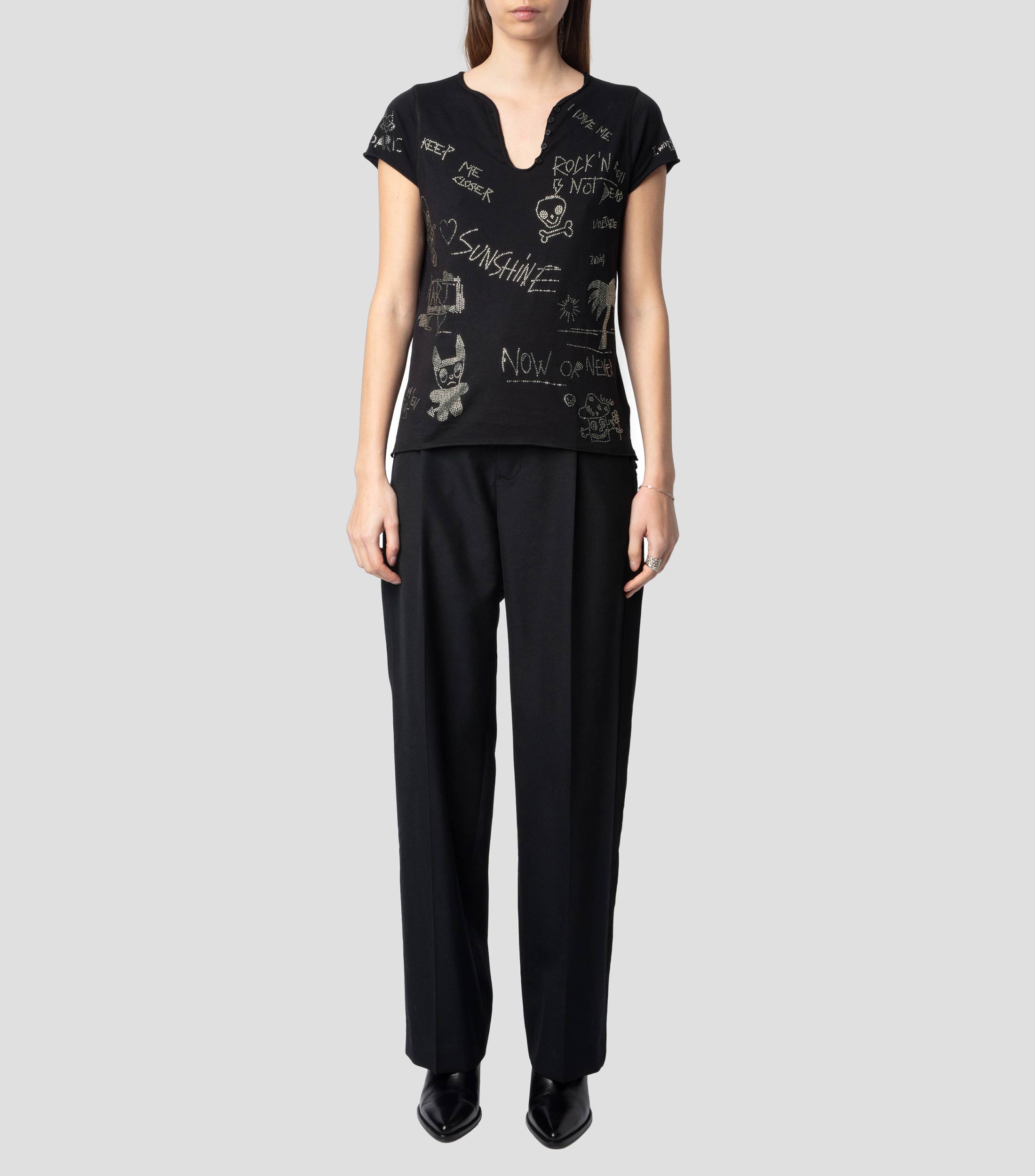 Playera cuello tunecino manga corta con strass Mujer