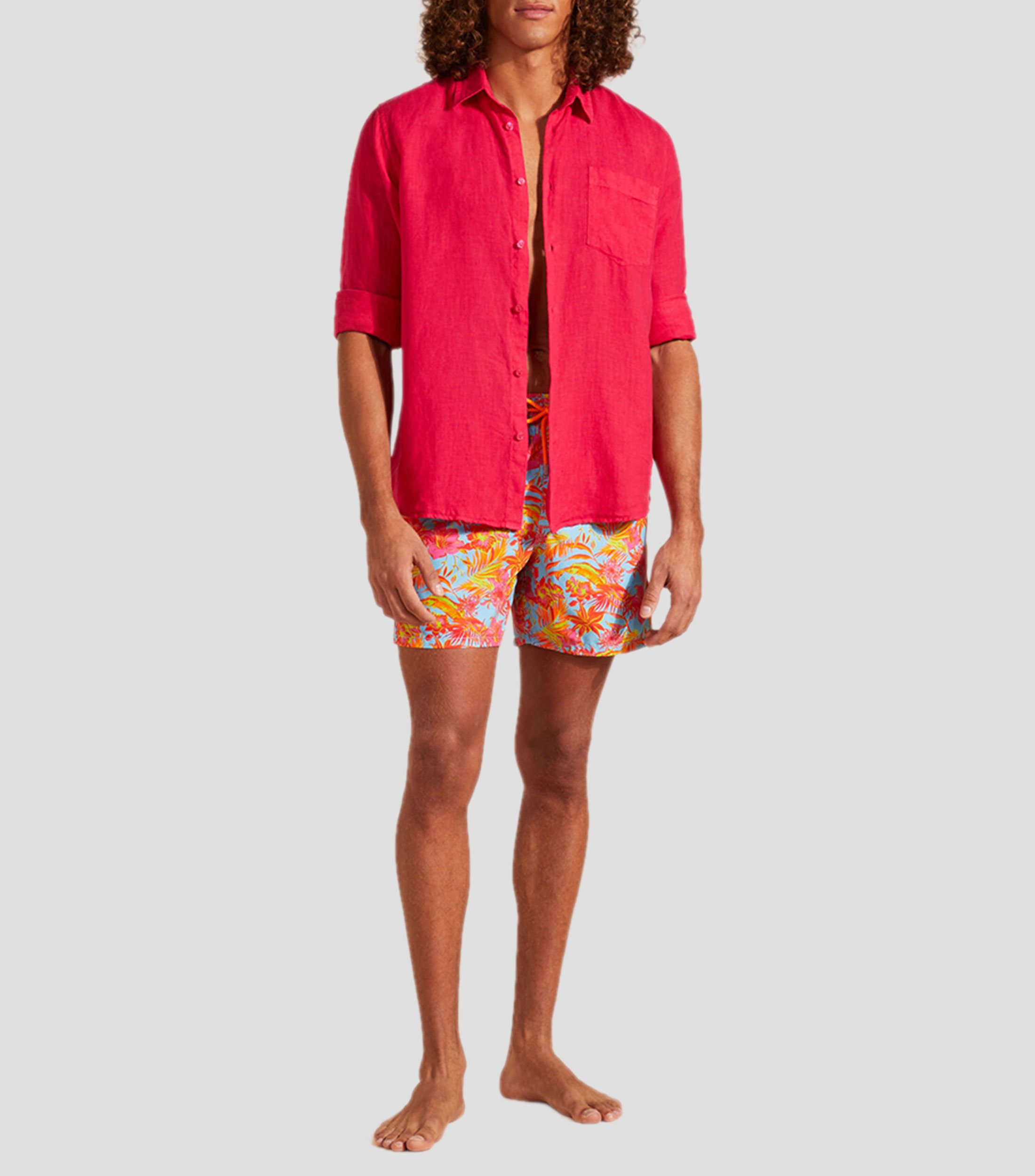 Camisa lisa en lino con manga larga Hombre