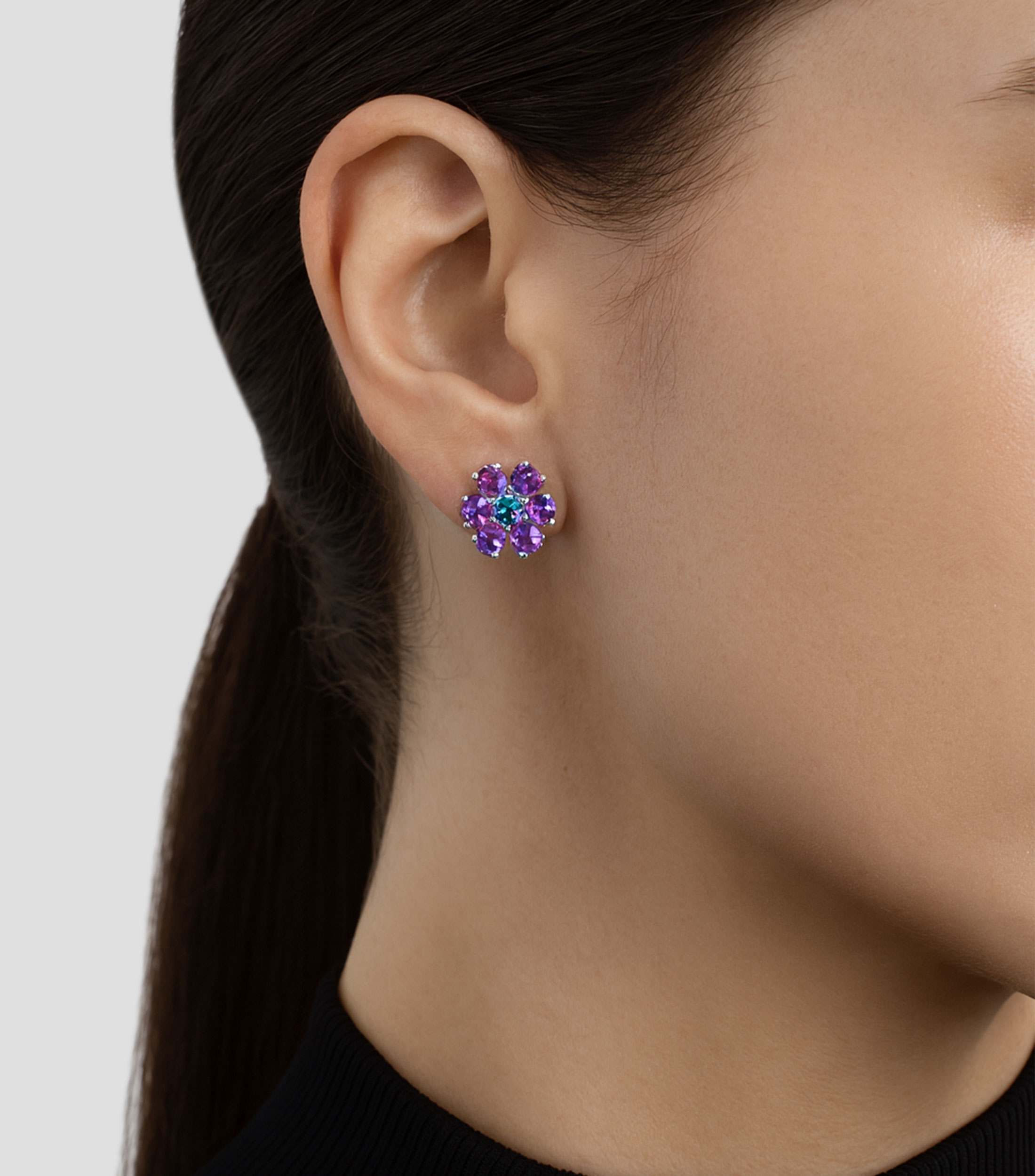 Pendientes en plata en forma de flor con topacio y amatista morada Mujer