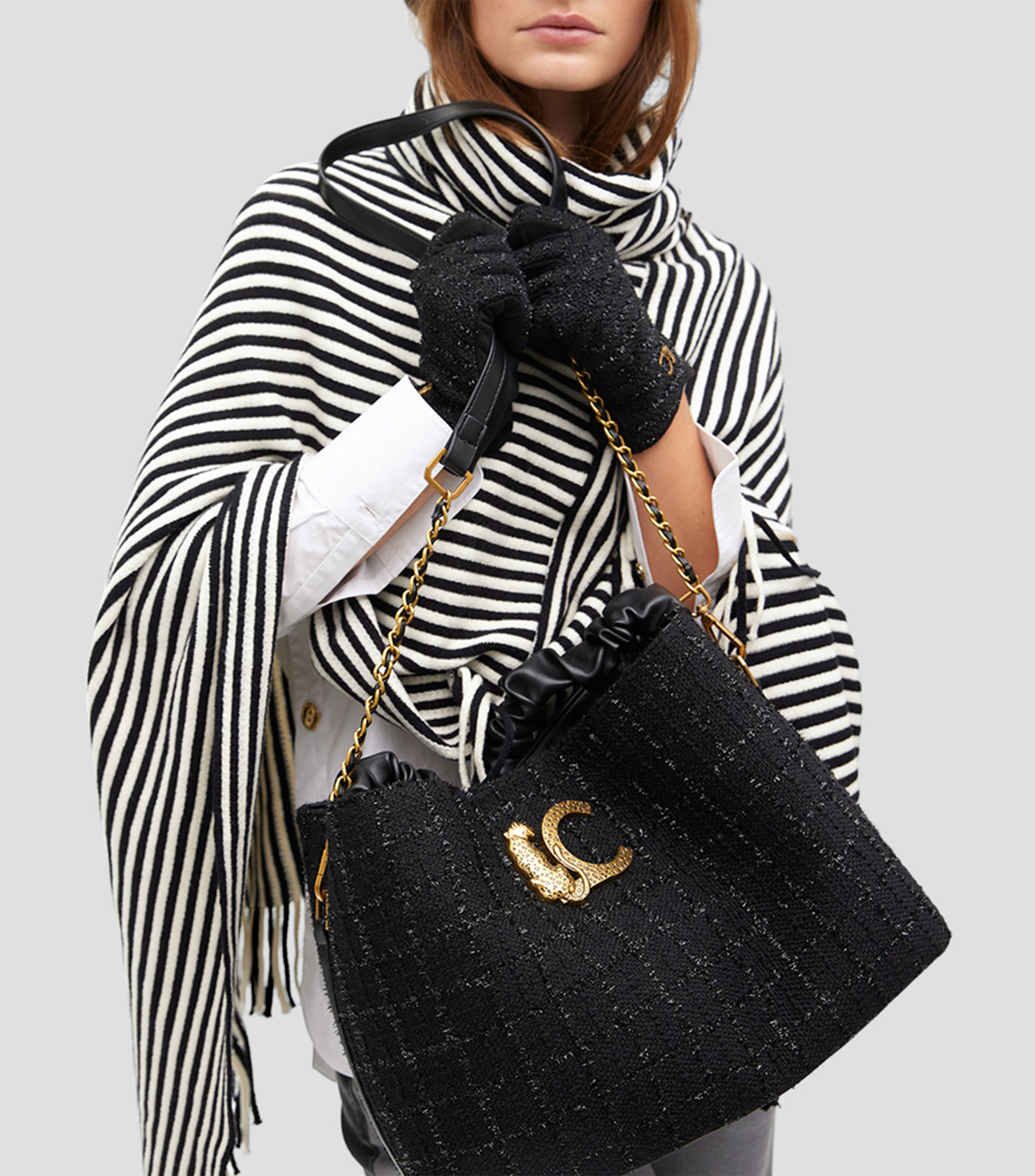 Bolsa crossbody negra con tweed Mujer