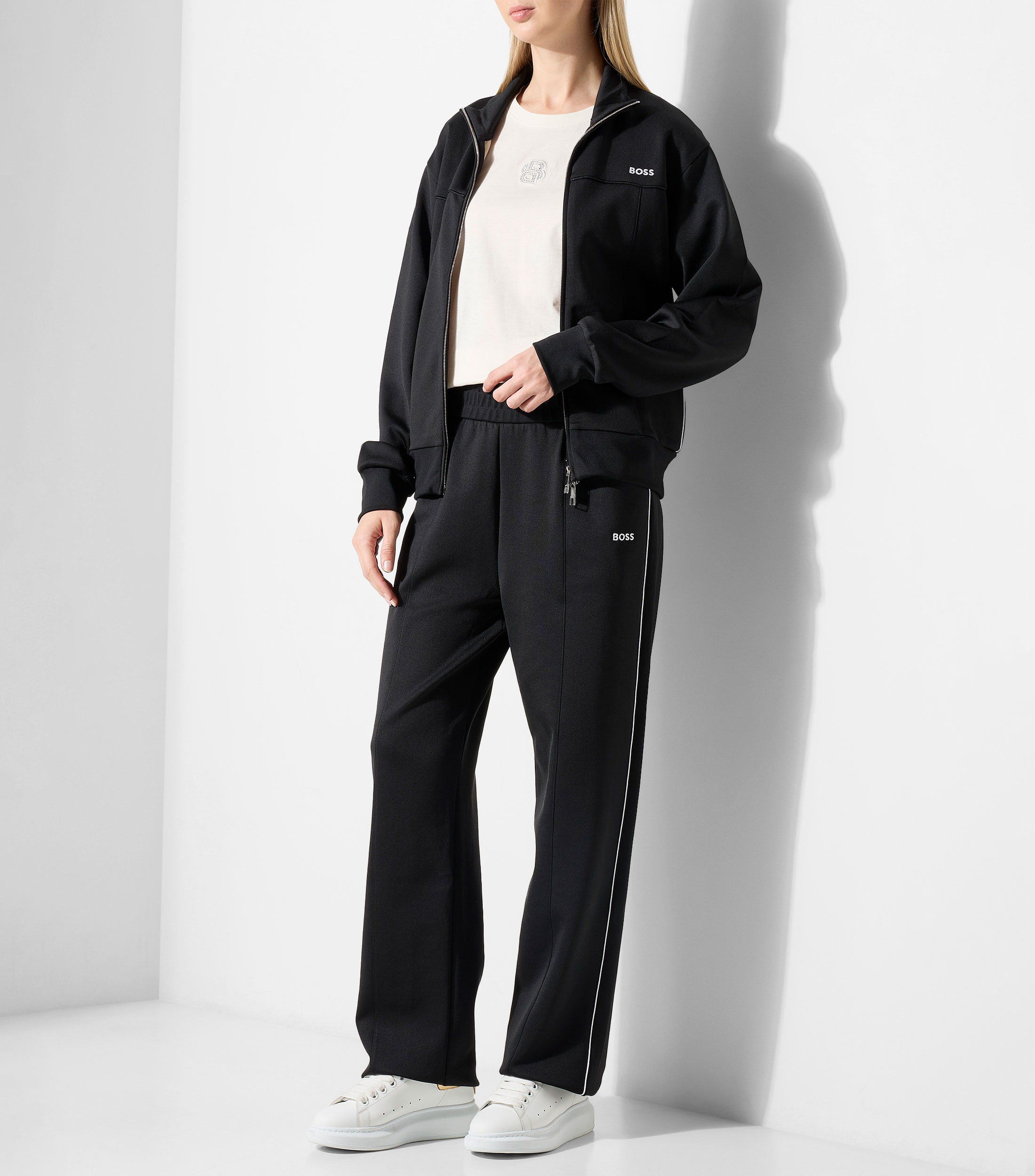 Pants de corte recto con logotipo y ribete en contraste Mujer