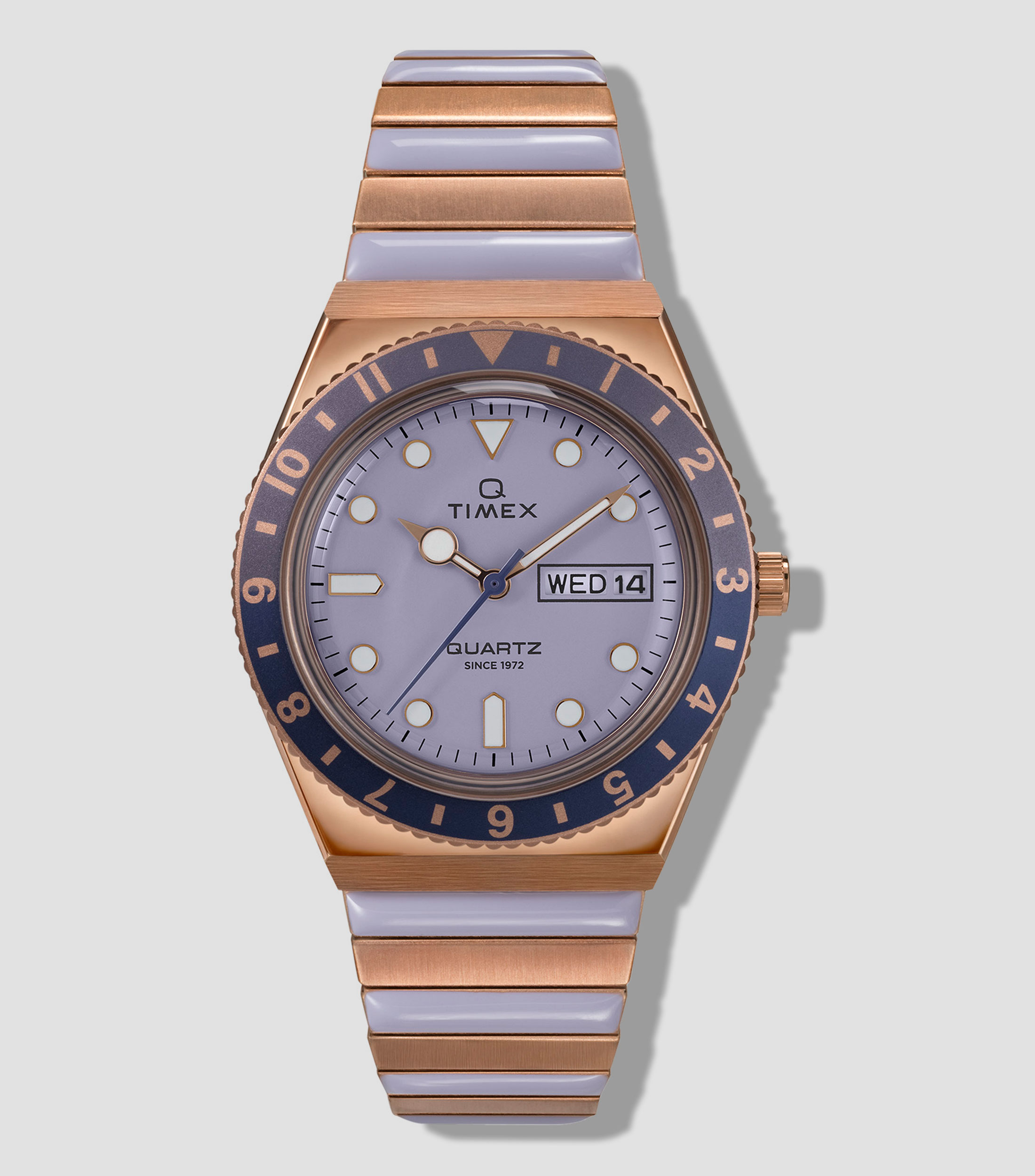 Reloj para Mujer Q, Moderno, Purpura, Oro Rosa
