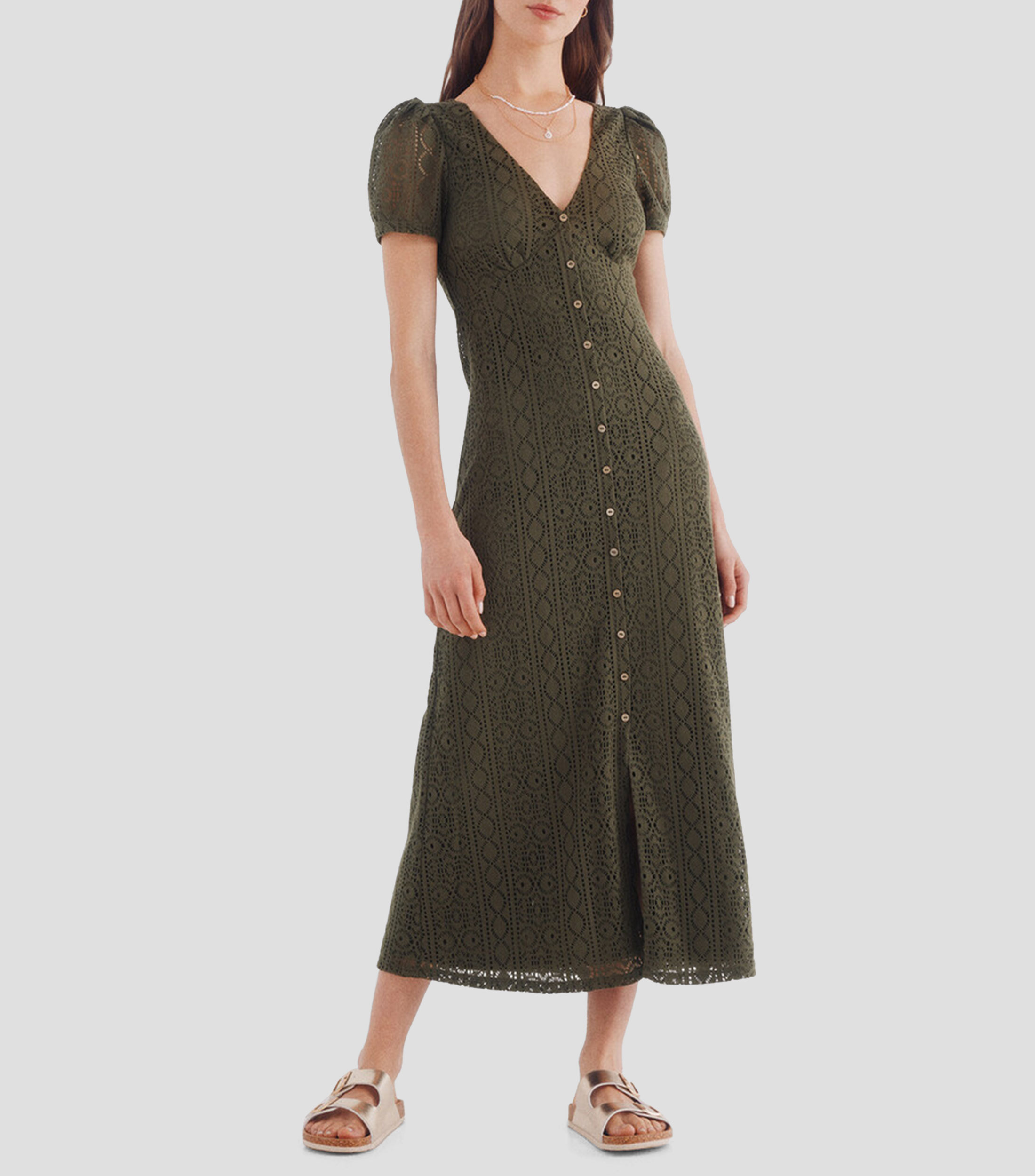 Vestido midi liso calado de manga corta Mujer