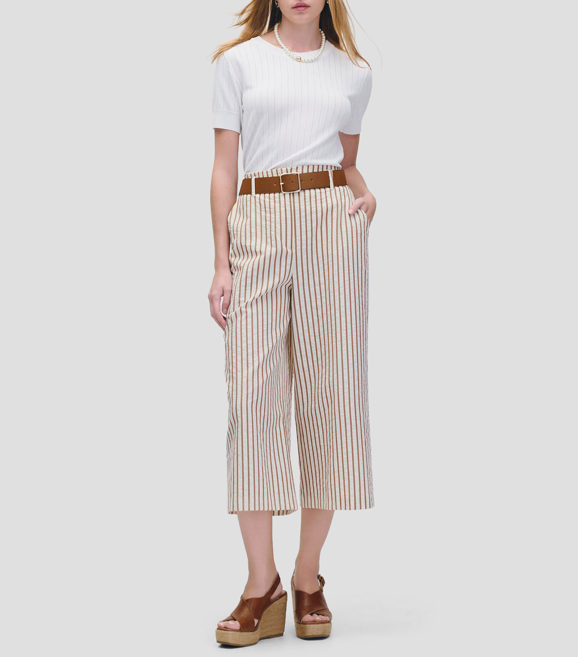 Blusa blanca tejido de punto detalle calado a rayas Mujer
