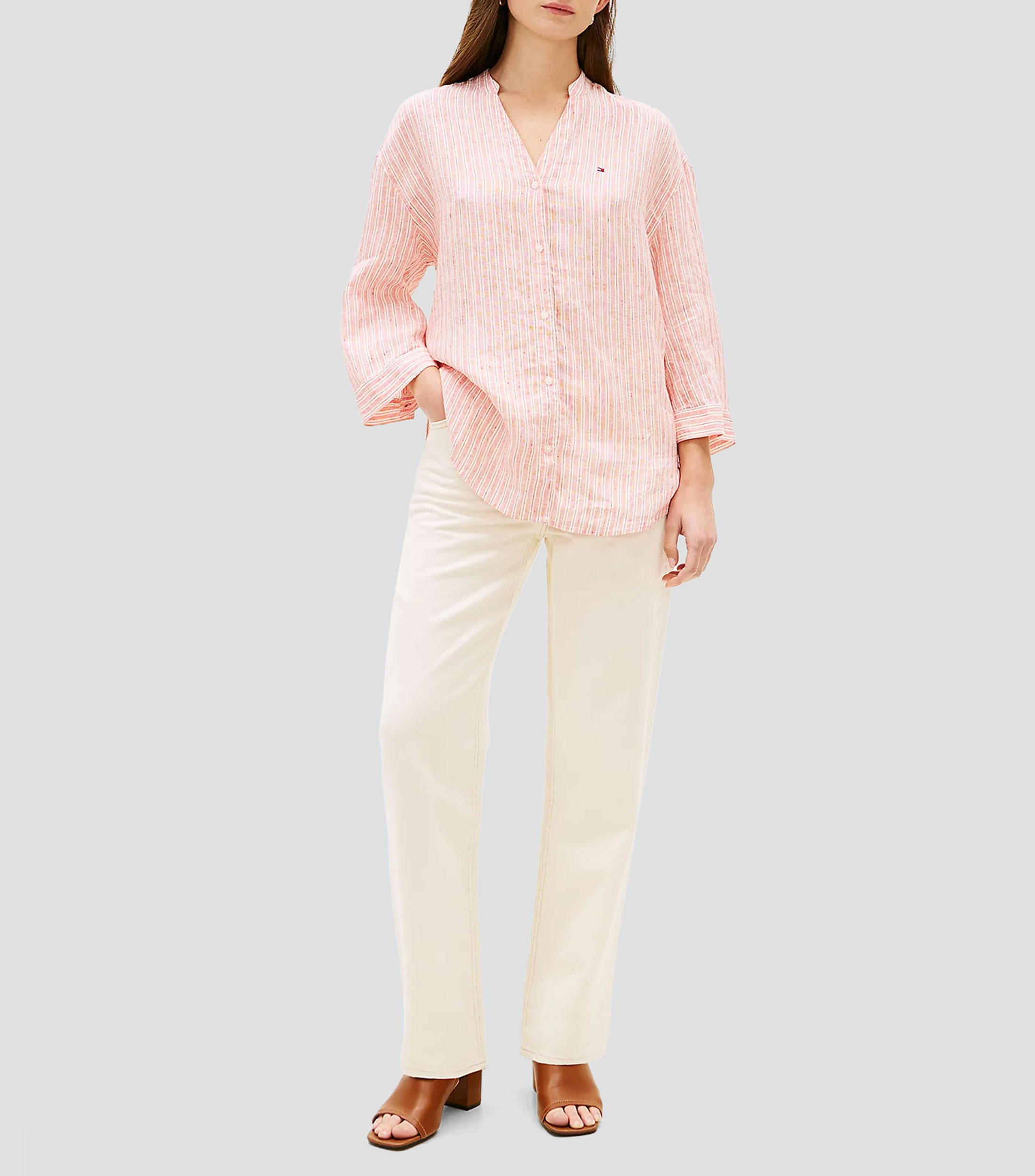 Camisa con rayas de lino manga larga Mujer