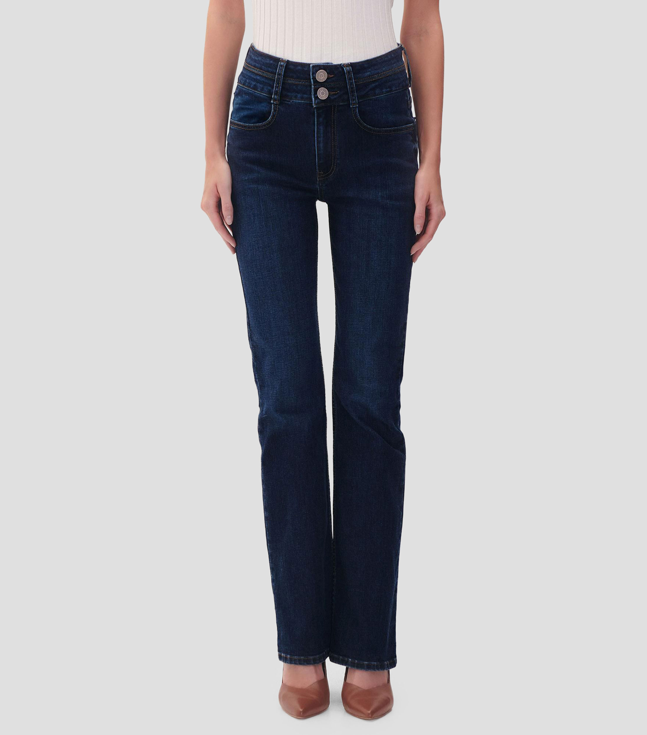 Jeans Acampanados Tiro Alto Azul Oscuro Pretina Ancha Mujer