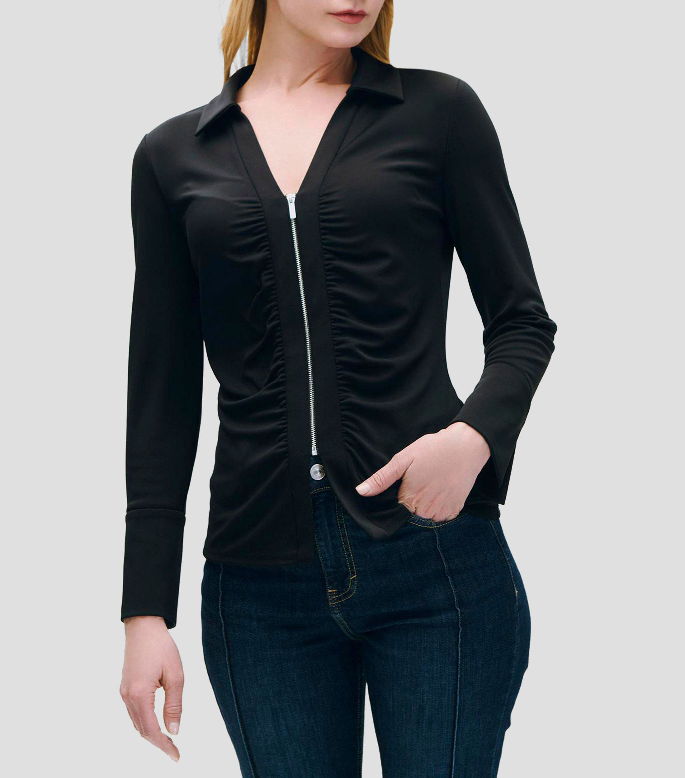 Blusa de punto drapeado con cierre abertura en puño Mujer