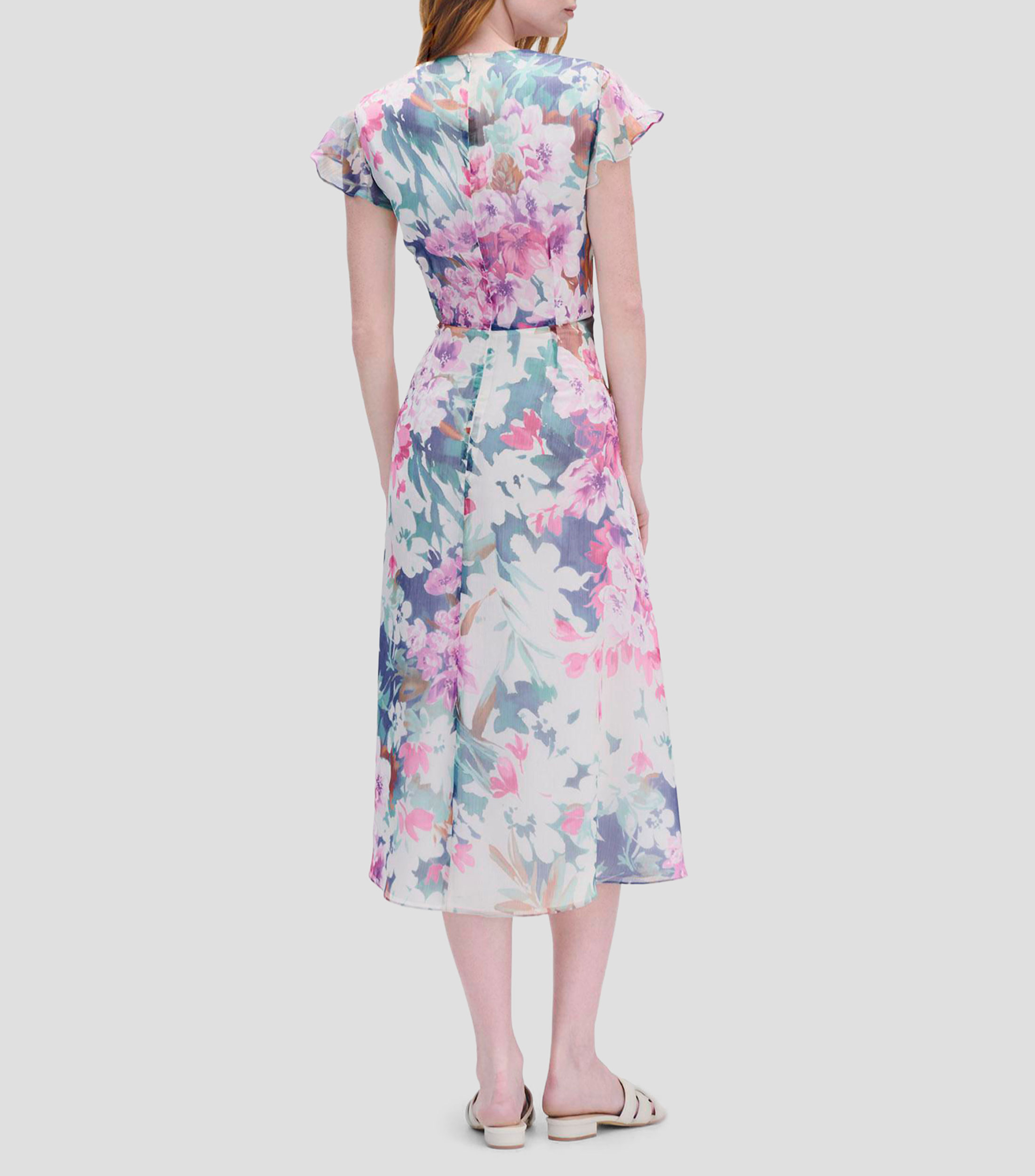 Vestido Midi Corte Imperio Chifón Floral Acuarela Manga corta Mujer
