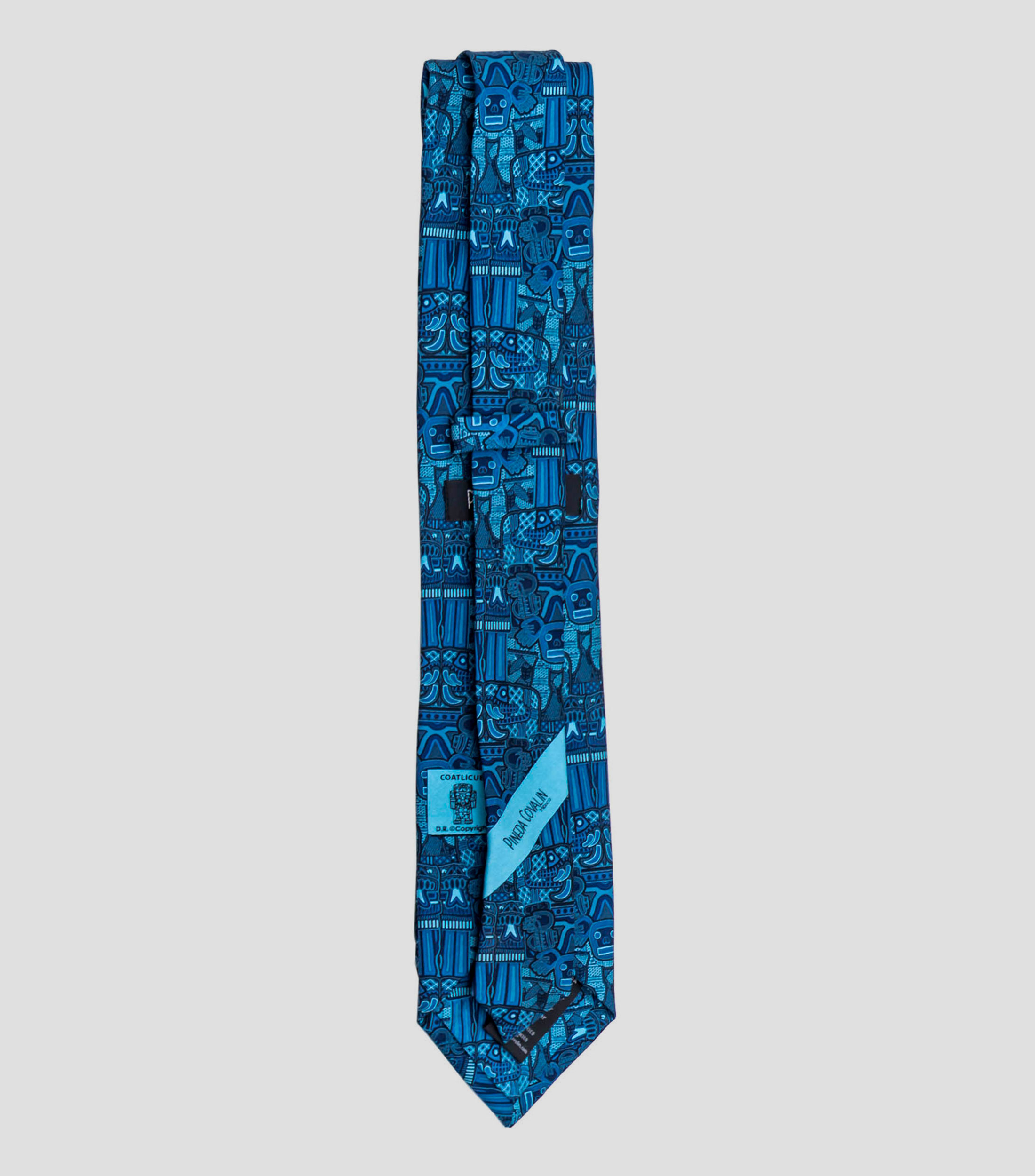Corbata ancha de seda verde y azul con la diosa Coatlicue