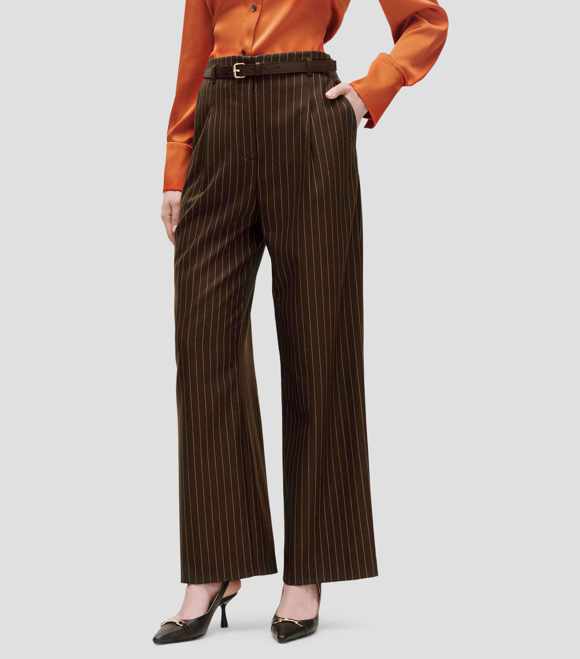 Pantalón Wideleg Chocolate Raya De Gis con Pinzas y Cinturón Mujer