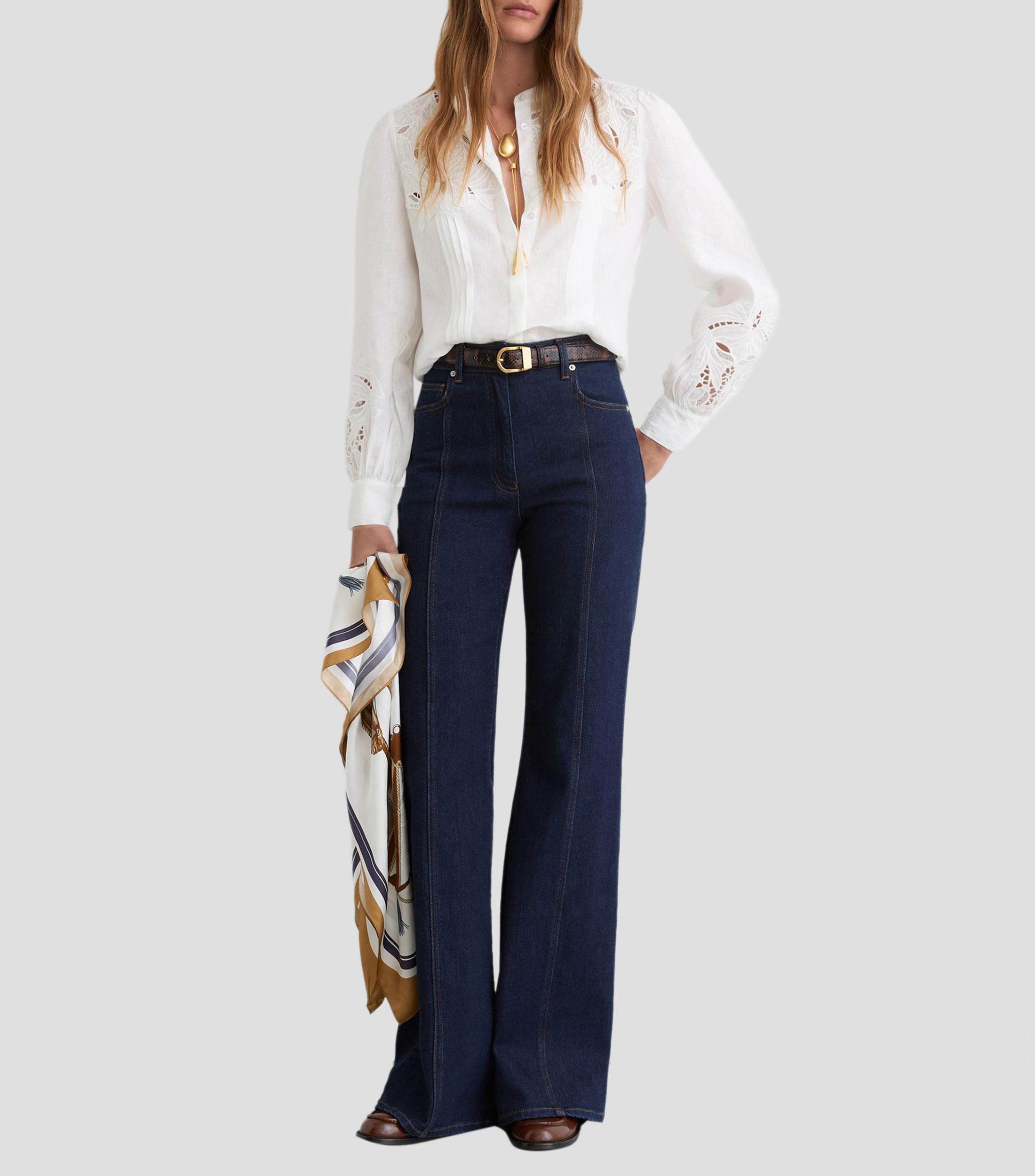Camisa lisa con bordado manga larga Mujer