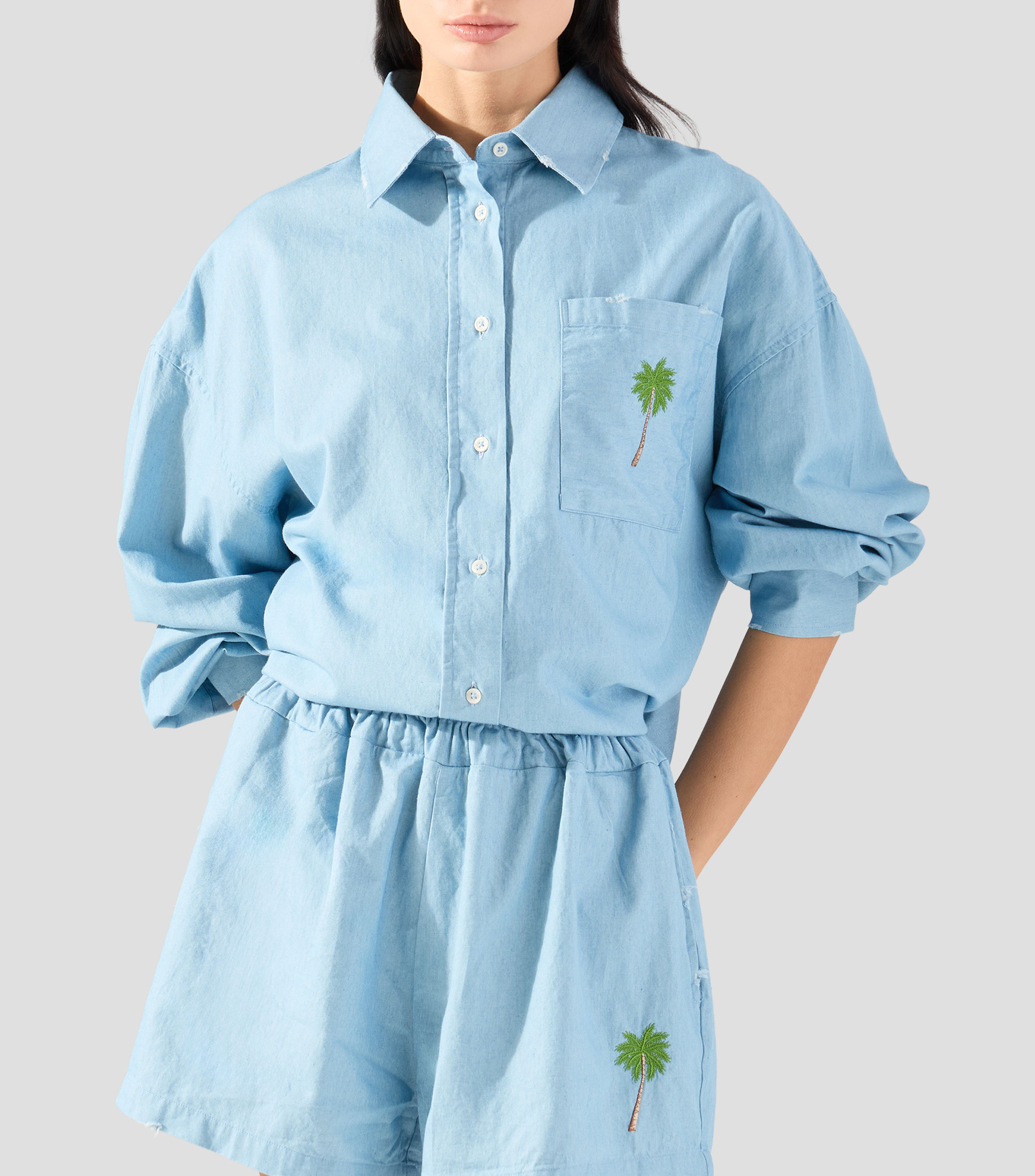 Camisa de mezclilla con bordado y manga larga Mujer