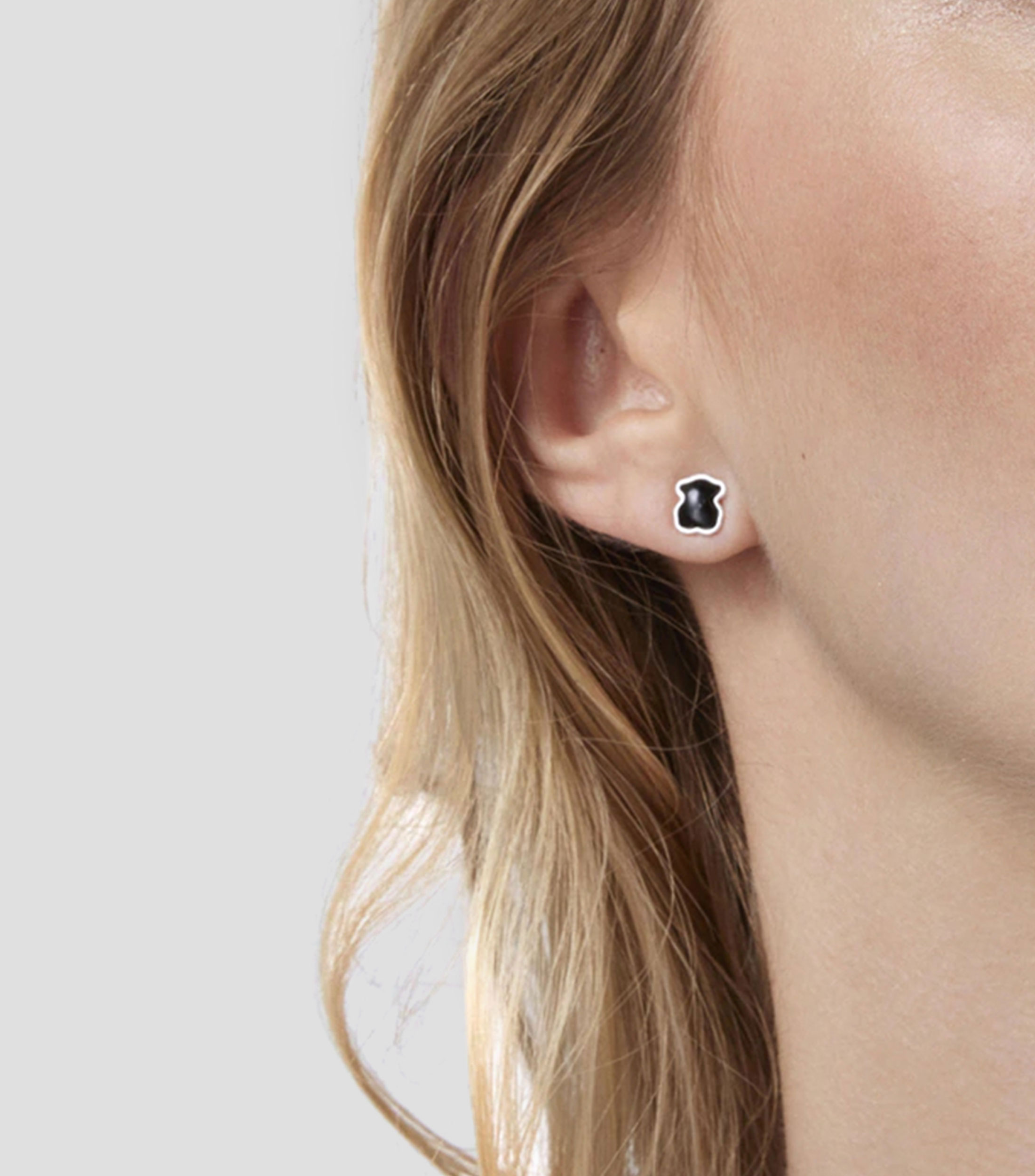 Aretes en plata de primera ley oso con ónix Mujer