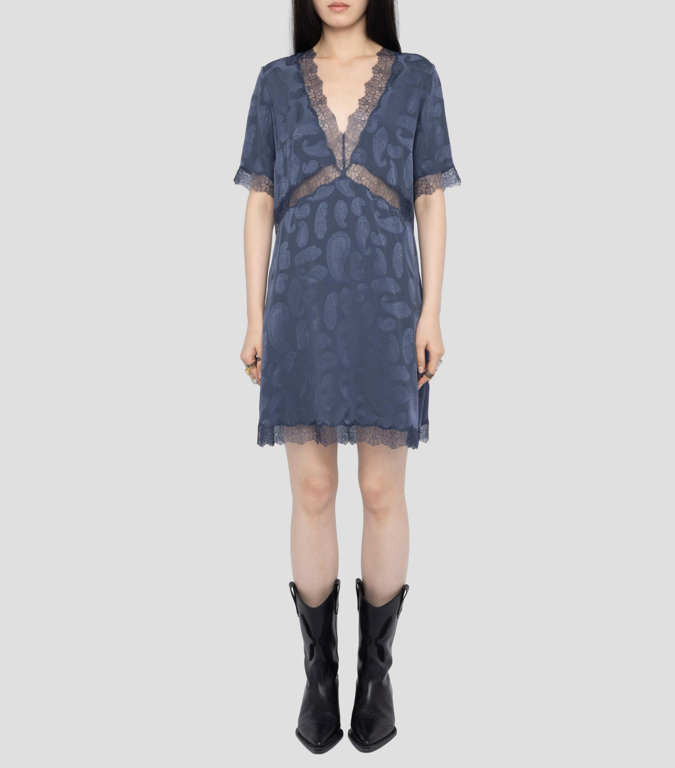 Vestido corto manga corta cuello V Mujer