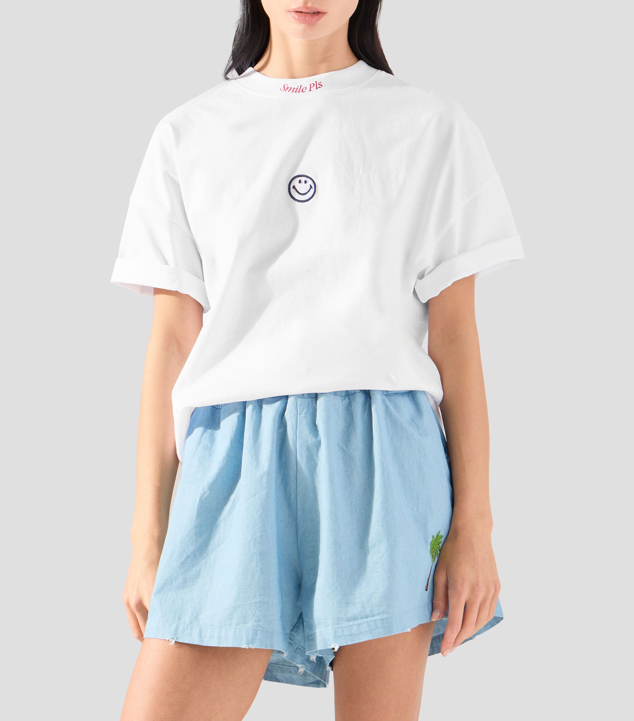 Playera de cuello redondo con manga corta lisa Mujer