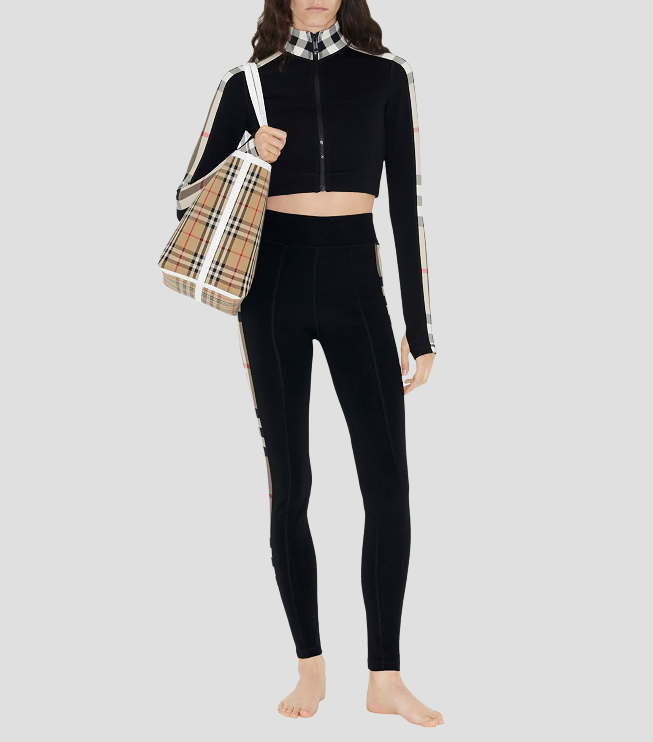 Chamarra crop top con paneles Check Mujer