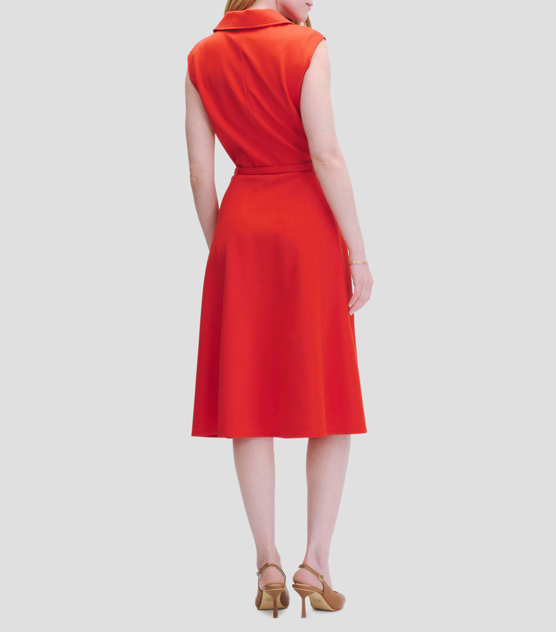 Vestido Midi de Punto Rojo Escarlata Cuello V con Solapa y Cinturón Mujer