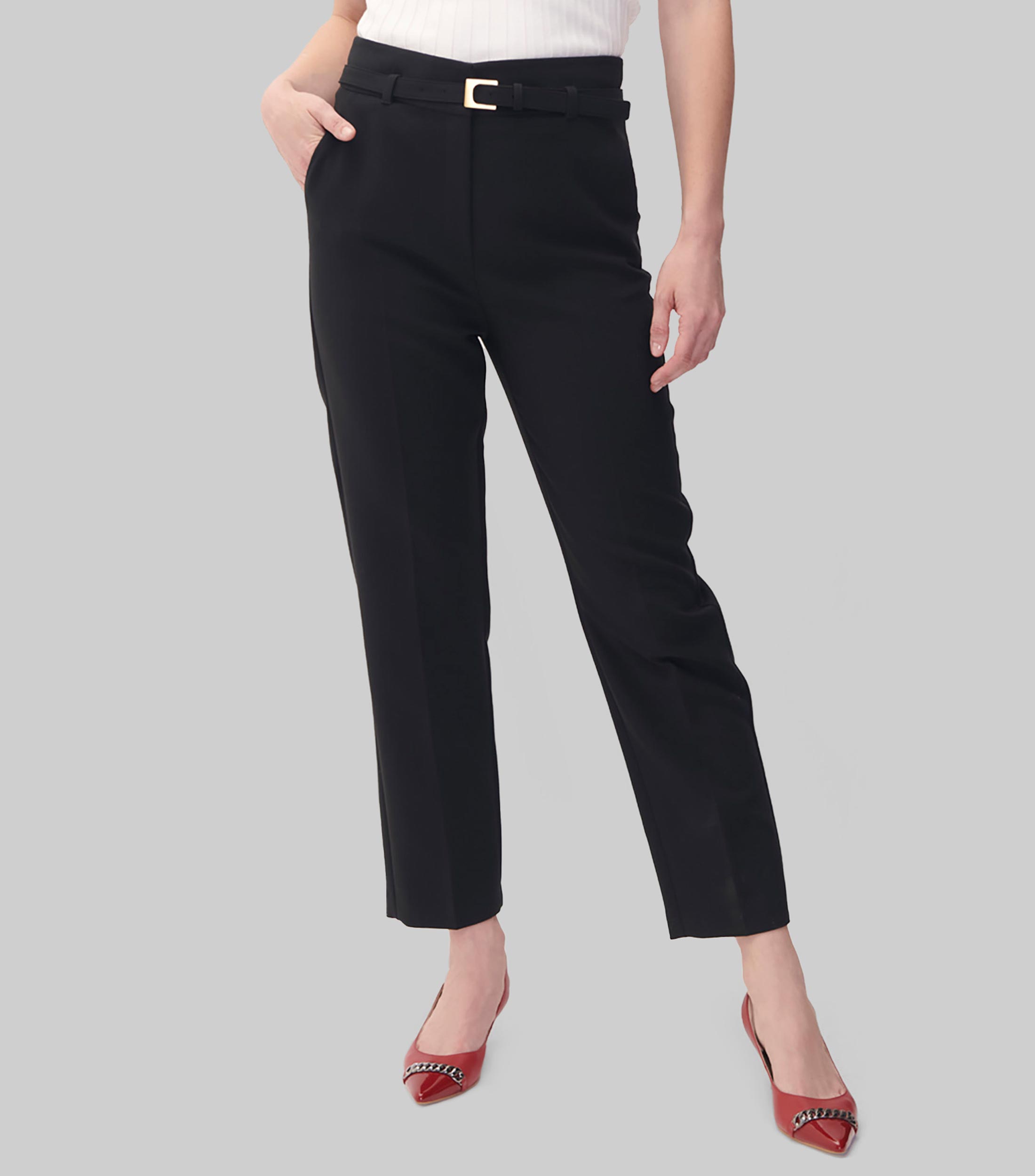 Pantalón Negro Recto Tiro Alto Con Cinturón Mujer