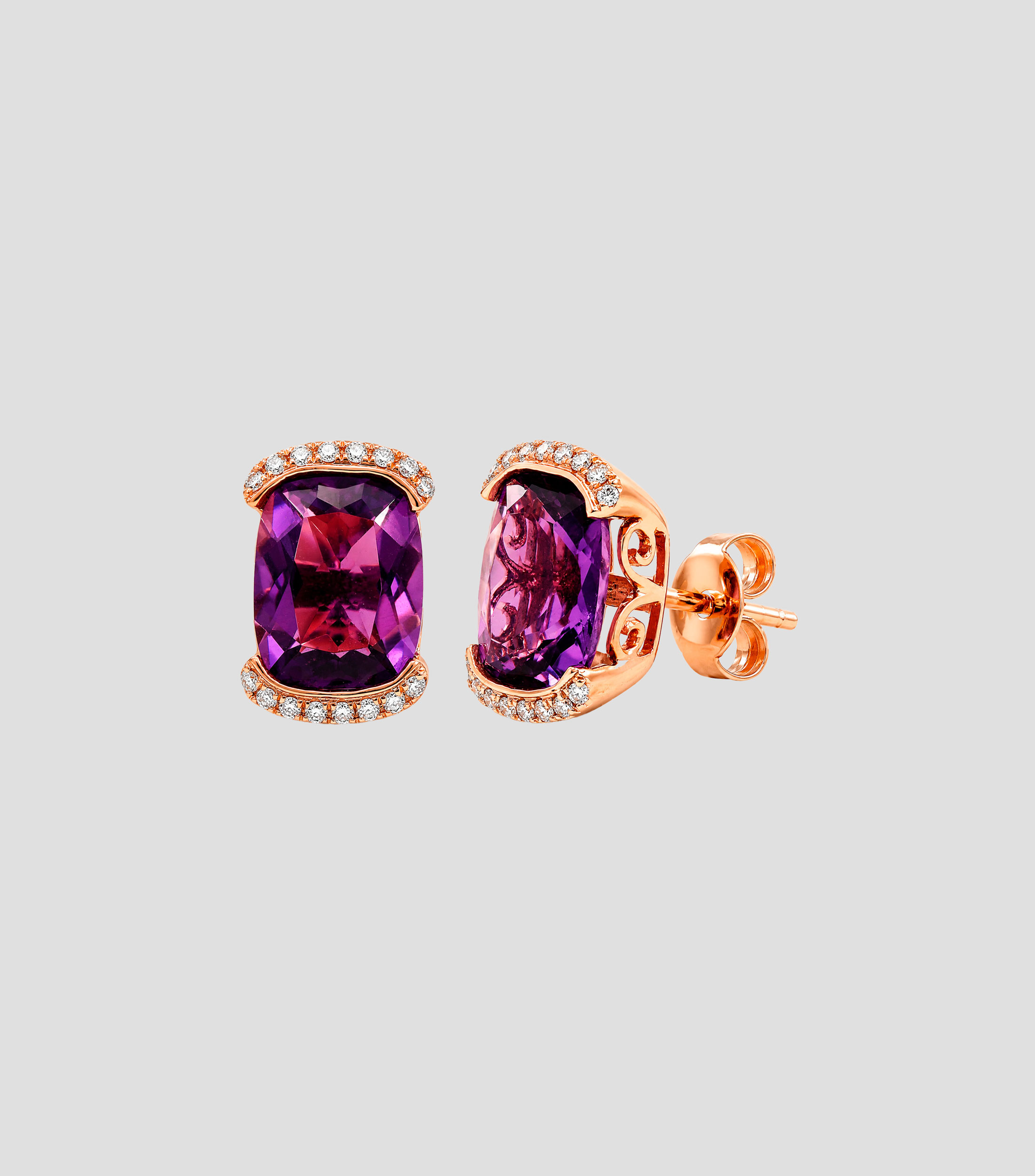 Aretes en Oro rosa de 14 Kilates con amatista y diamantes Mujer