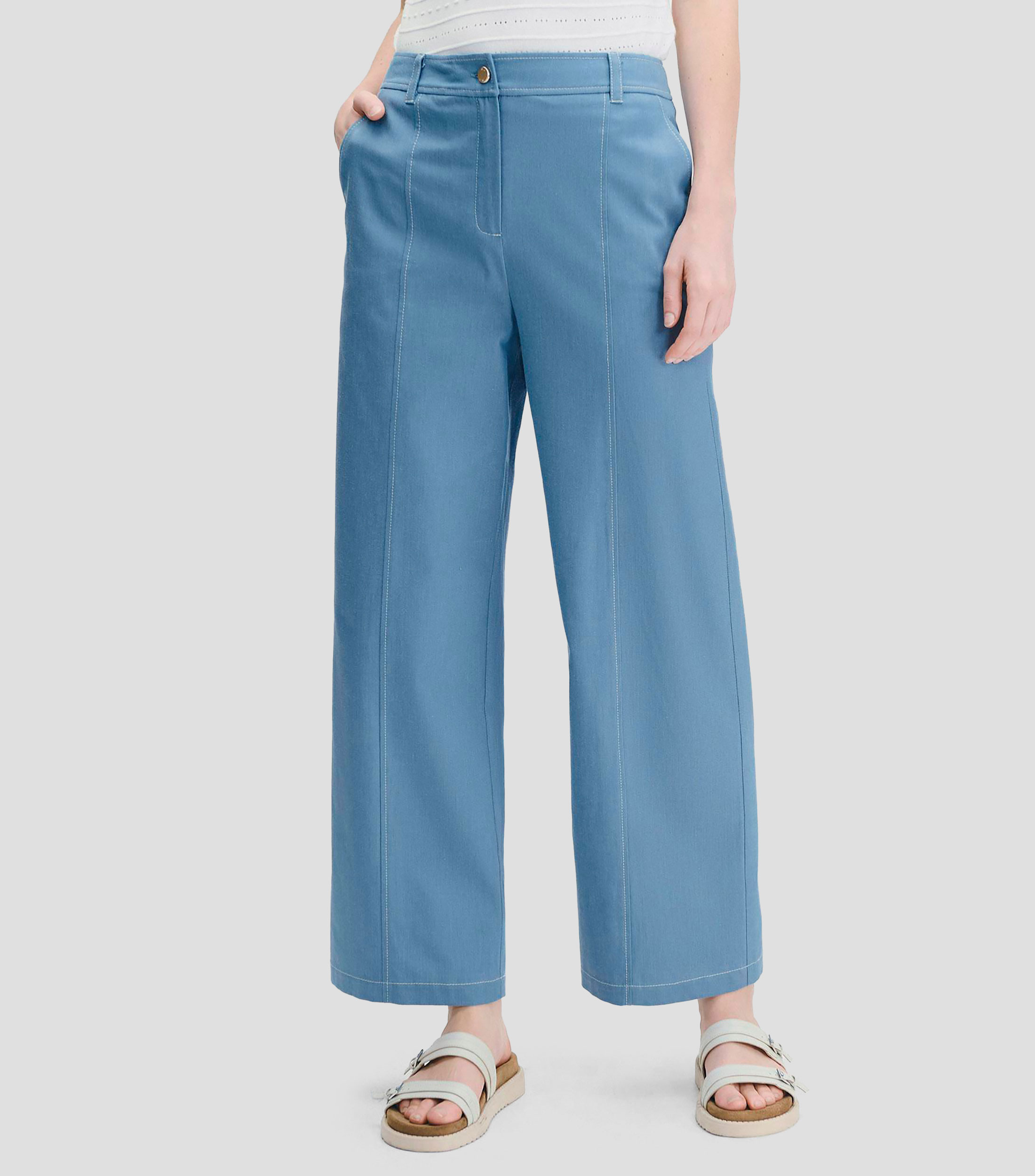Pantalón Wide Leg Tiro Alto Pespuntes en Contraste Tipo Denim Mujer