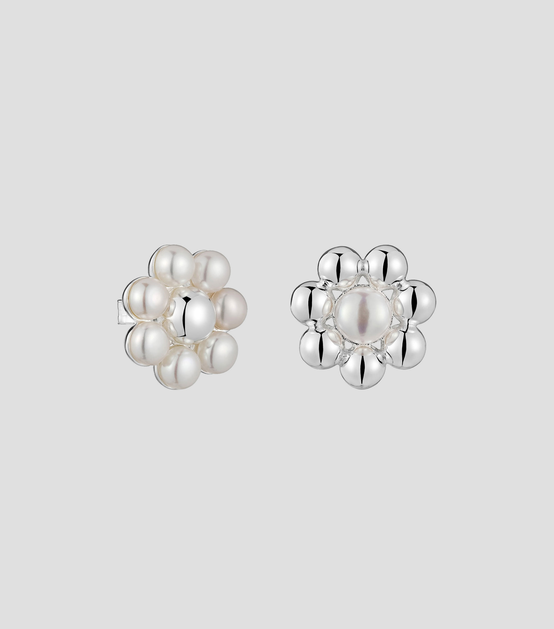 Aretes en plata con flor y perlas cultivadas Mujer