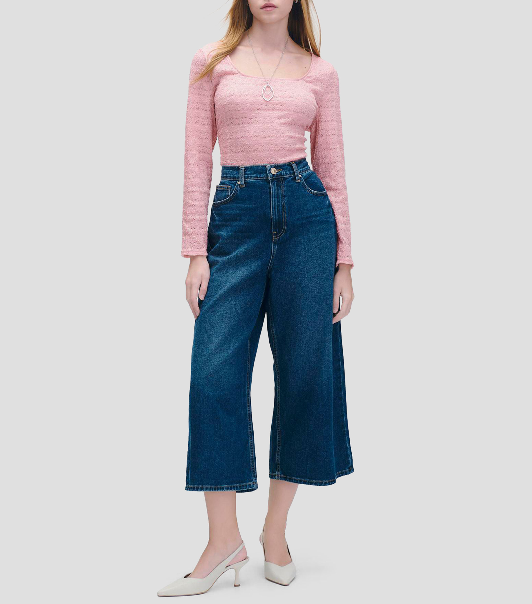 Blusa encaje de punto coral escote cuadrado Mujer