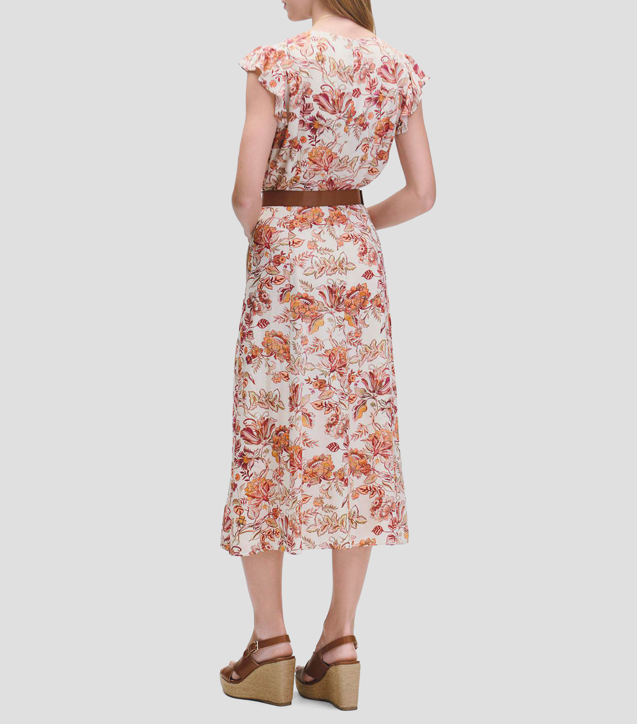 Vestido midi línea a estampado floral manga escarola con cinturón Mujer