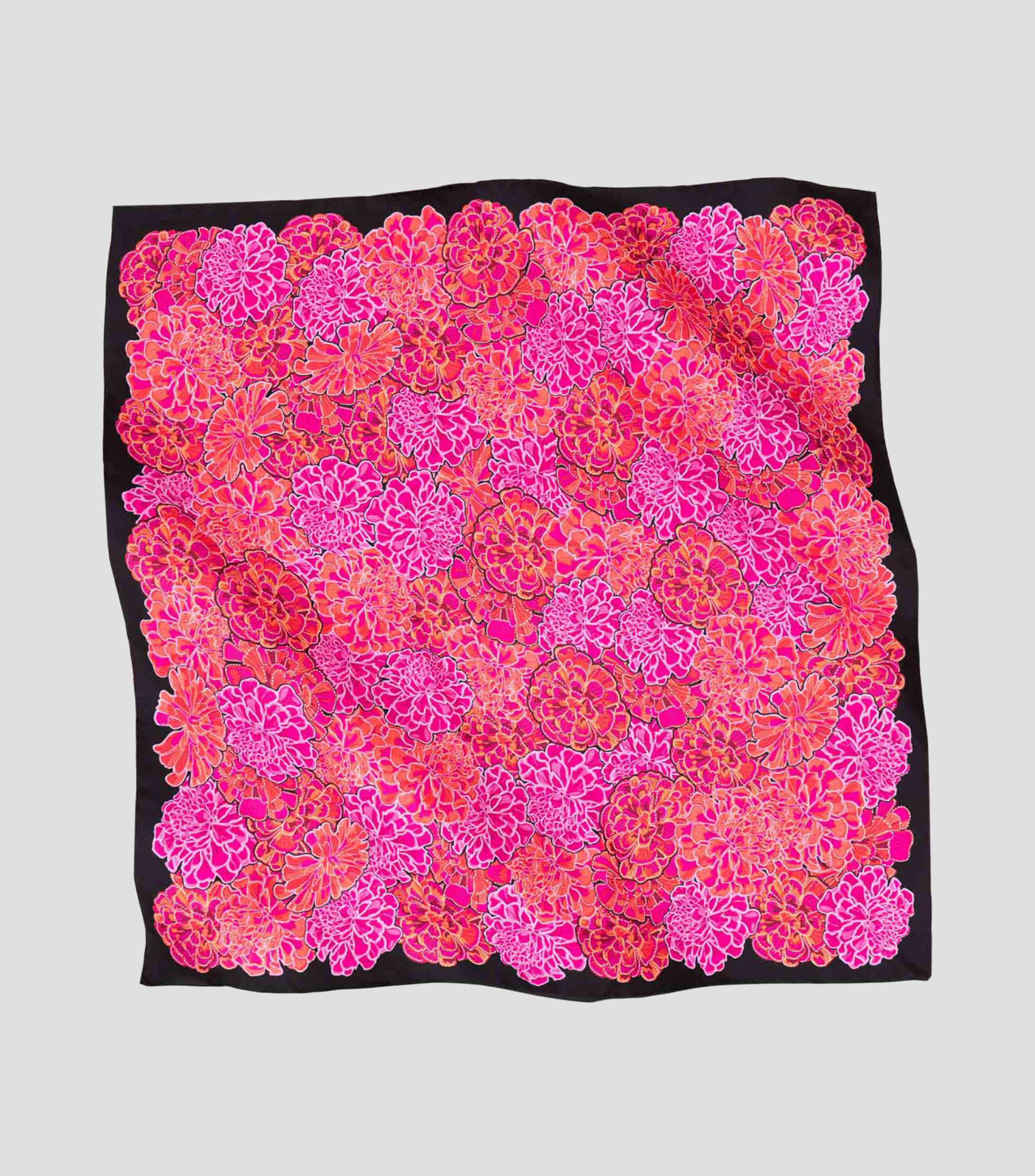 Mascada en seda fucsia y negro Cempasúchil Ofrenda Mujer