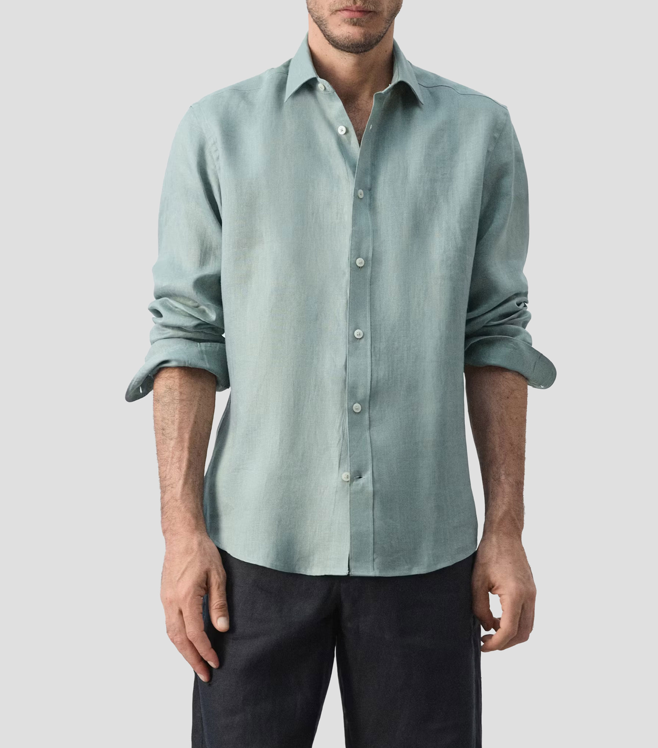 Camisa lisa de lino manga larga Hombre