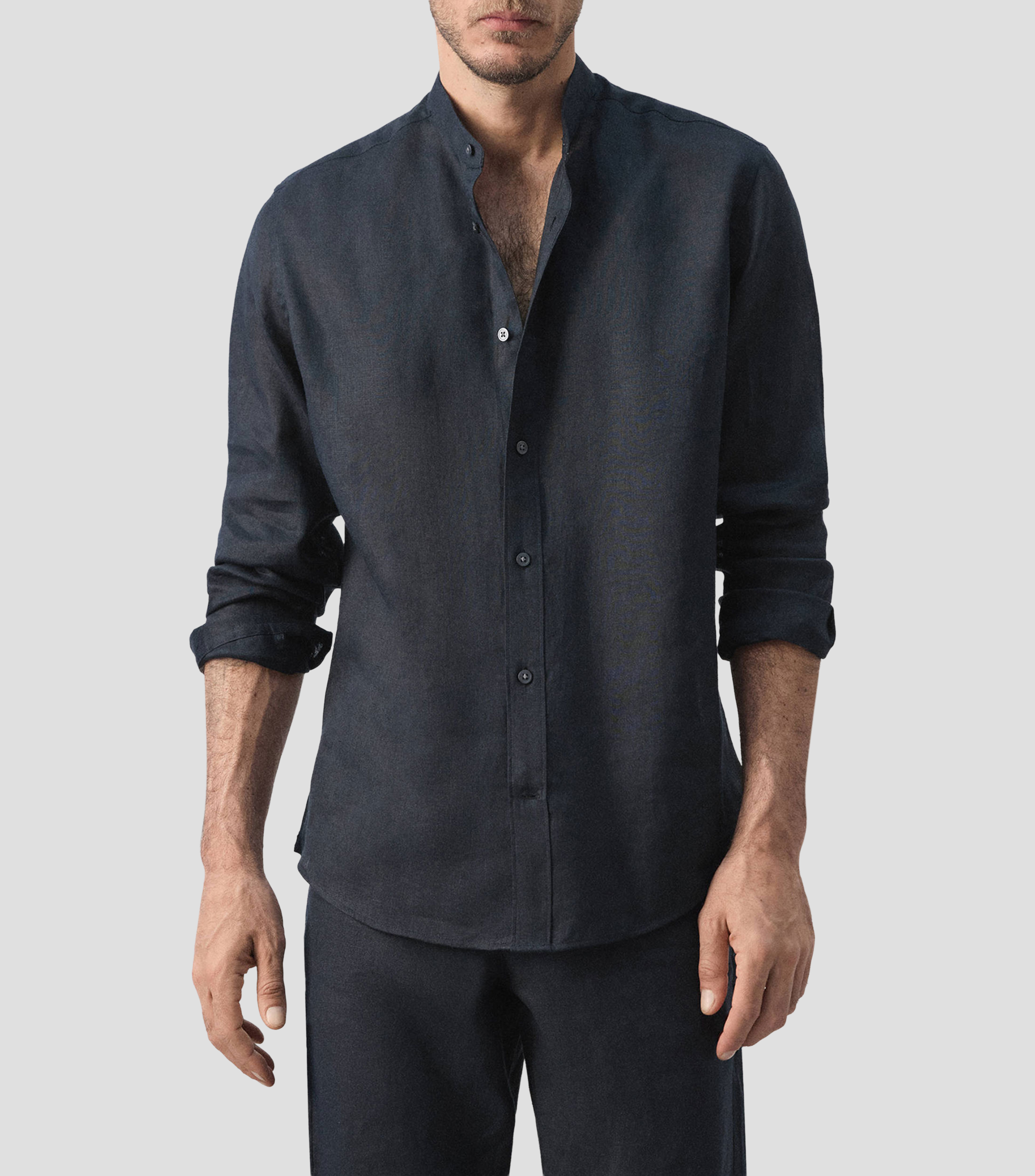 Camisa lisa de lino cuello mao manga larga Hombre